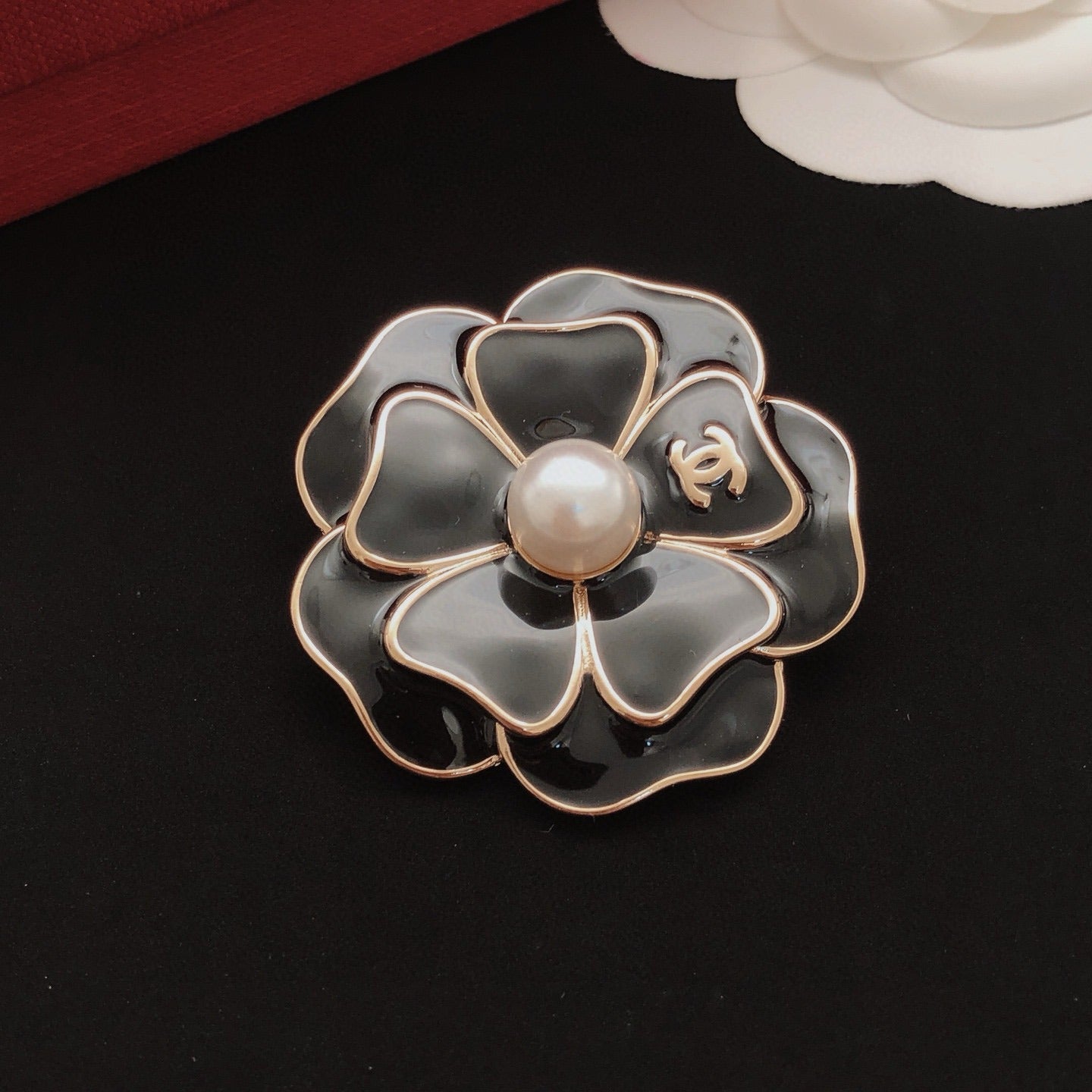 Chanel Black Brass Floral Brooch