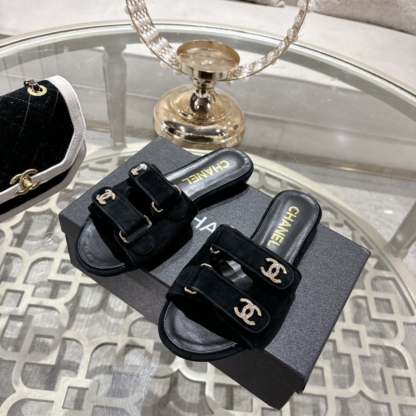 Chanel Lambskin Leather Crystal Slides