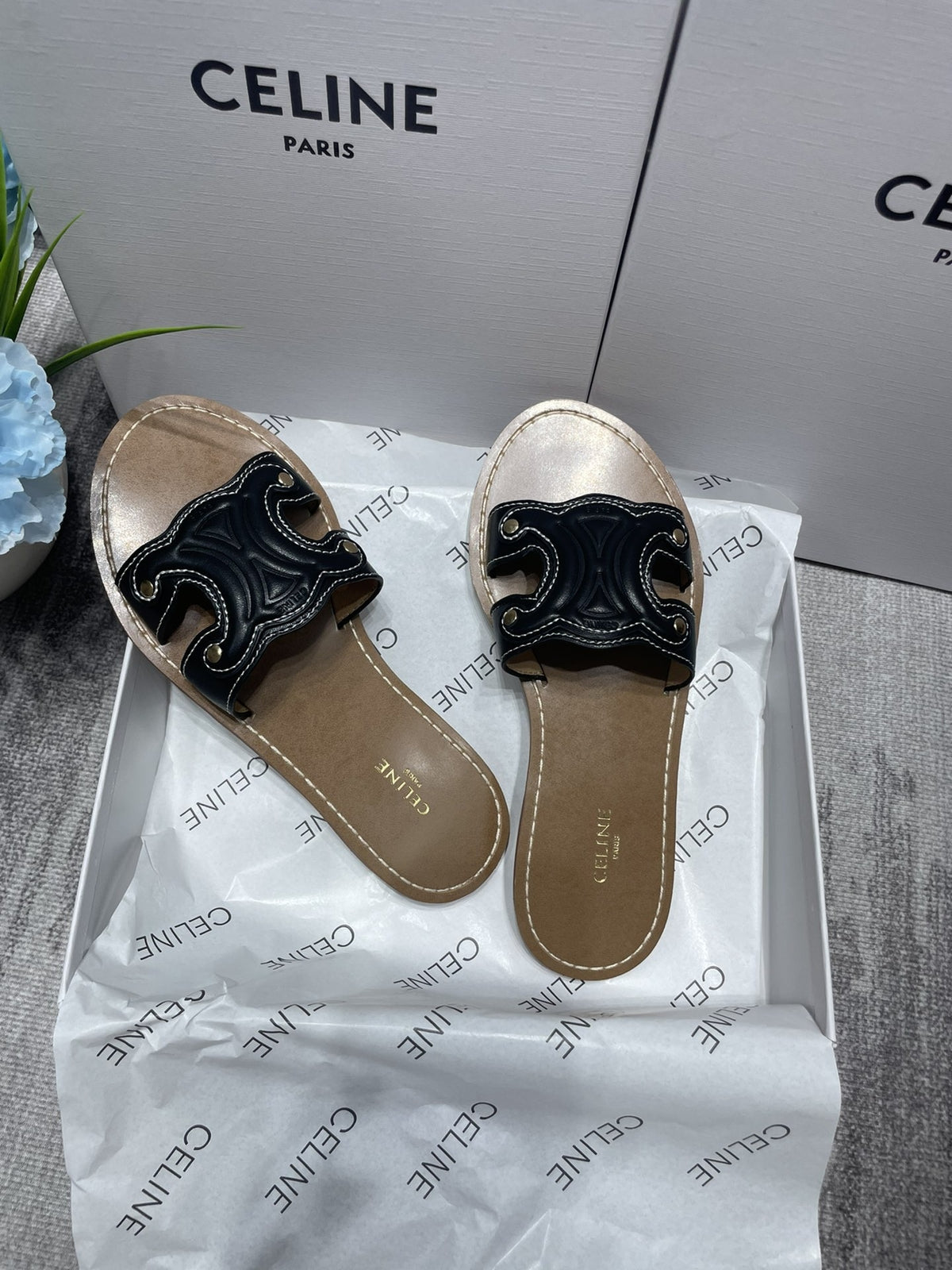 Celine Denim & Leather Tassel Slides