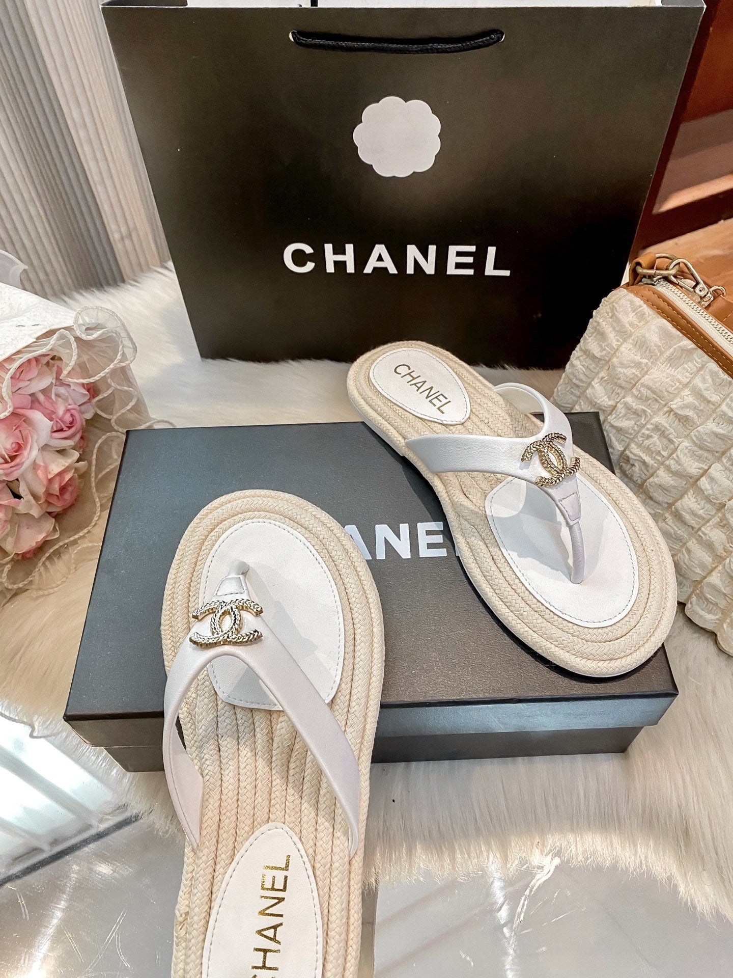 Chanel White Slides