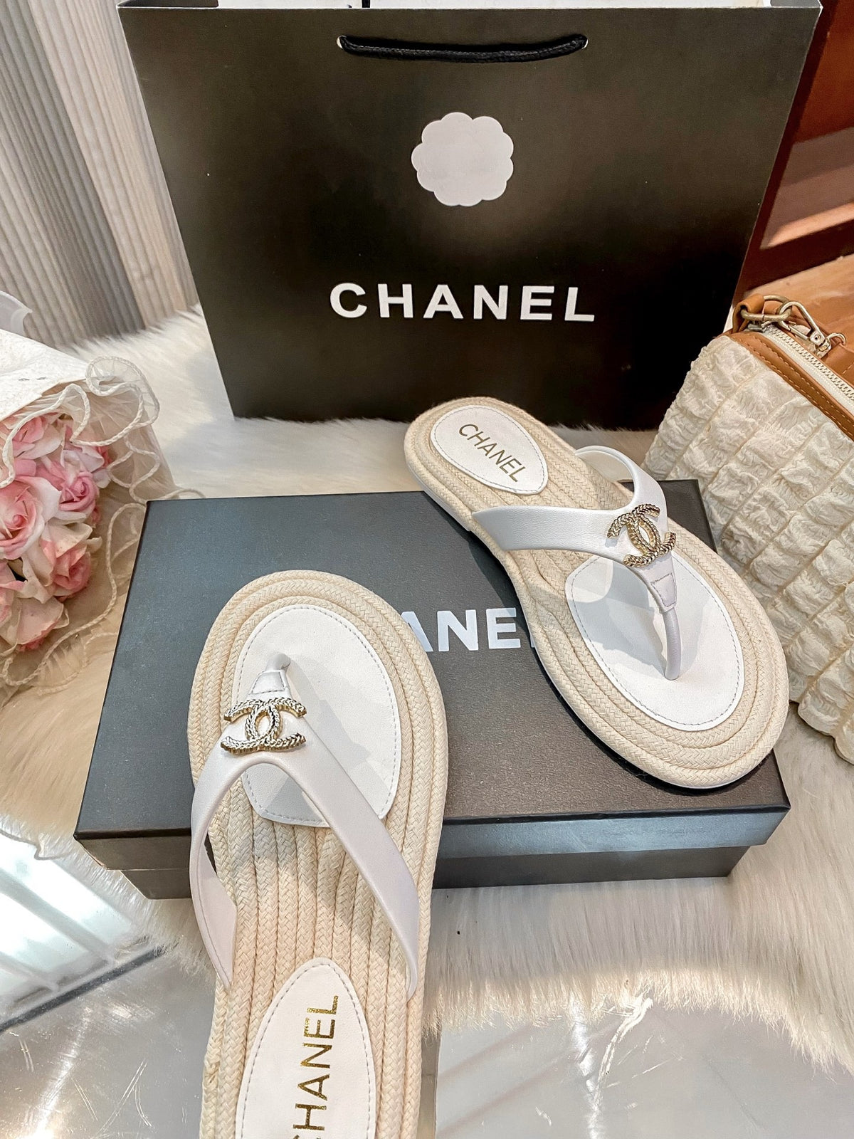 Chanel White Slides