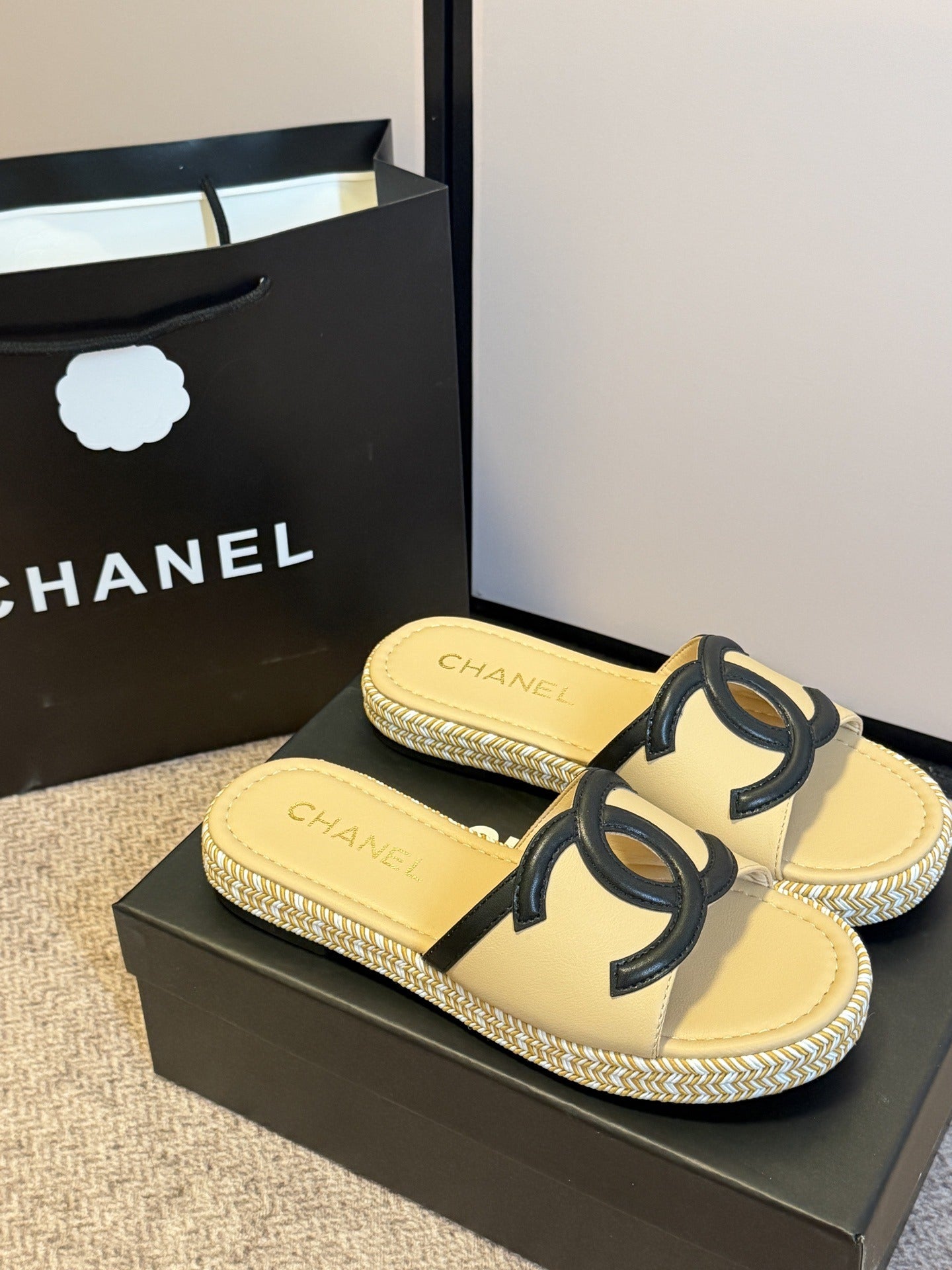 Chanel Lambskin Leather Logo Slides