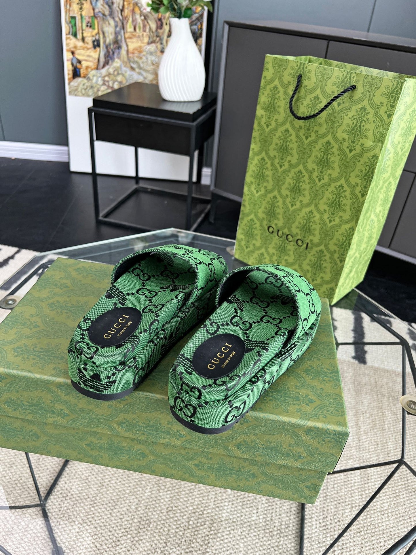 Gucci Green Canvas & Leather Double G Slides