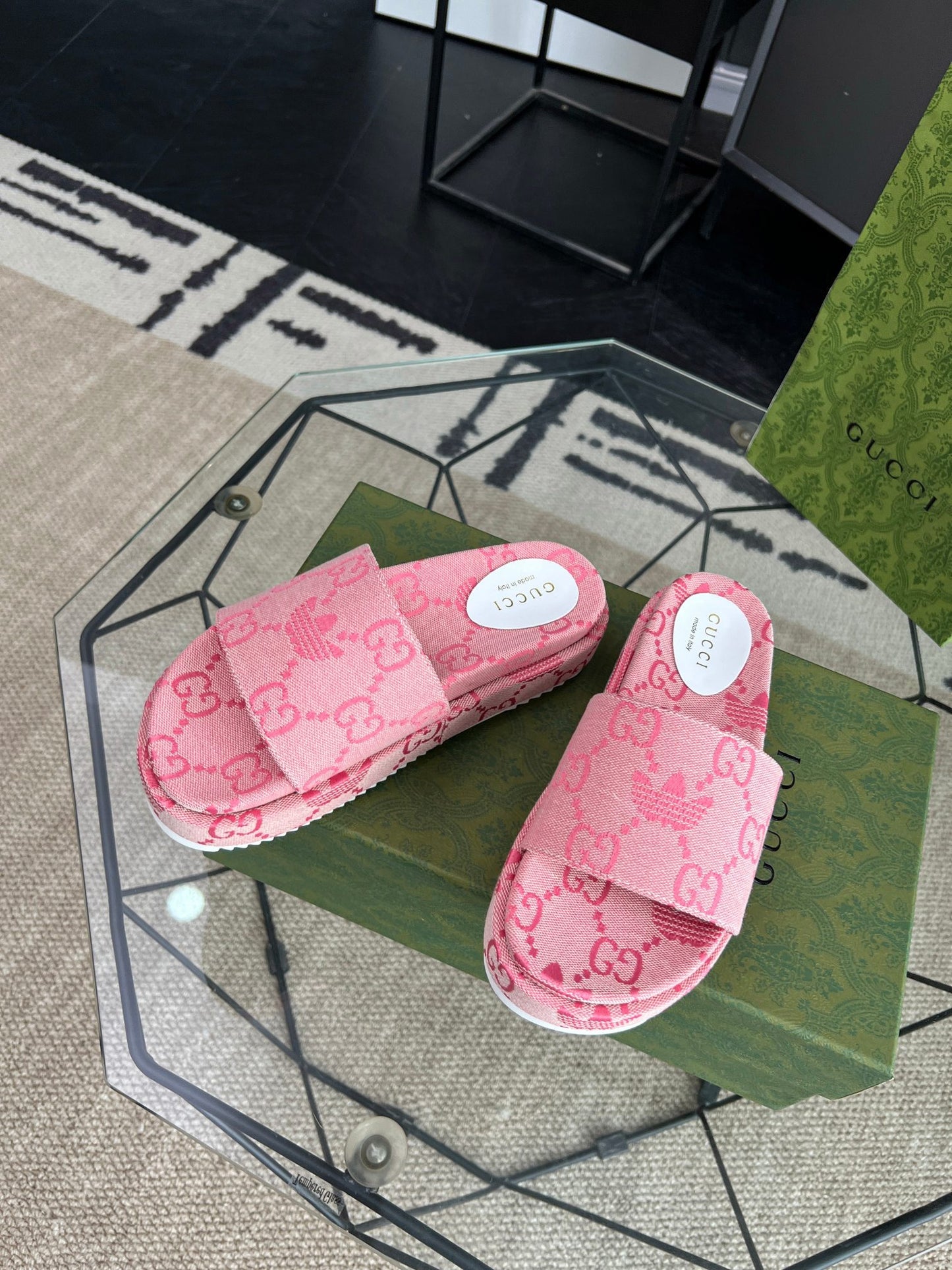 Gucci Green Canvas & Leather Double G Slides