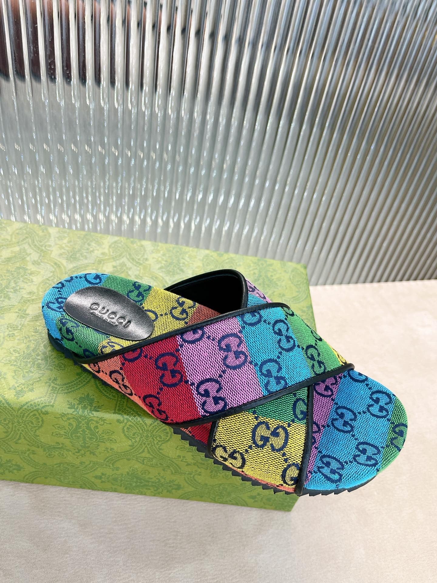 Gucci Green Canvas & Leather Double G Slides