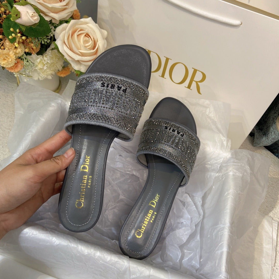 Dior Cotton & Lambskin Leather Crystal Slides