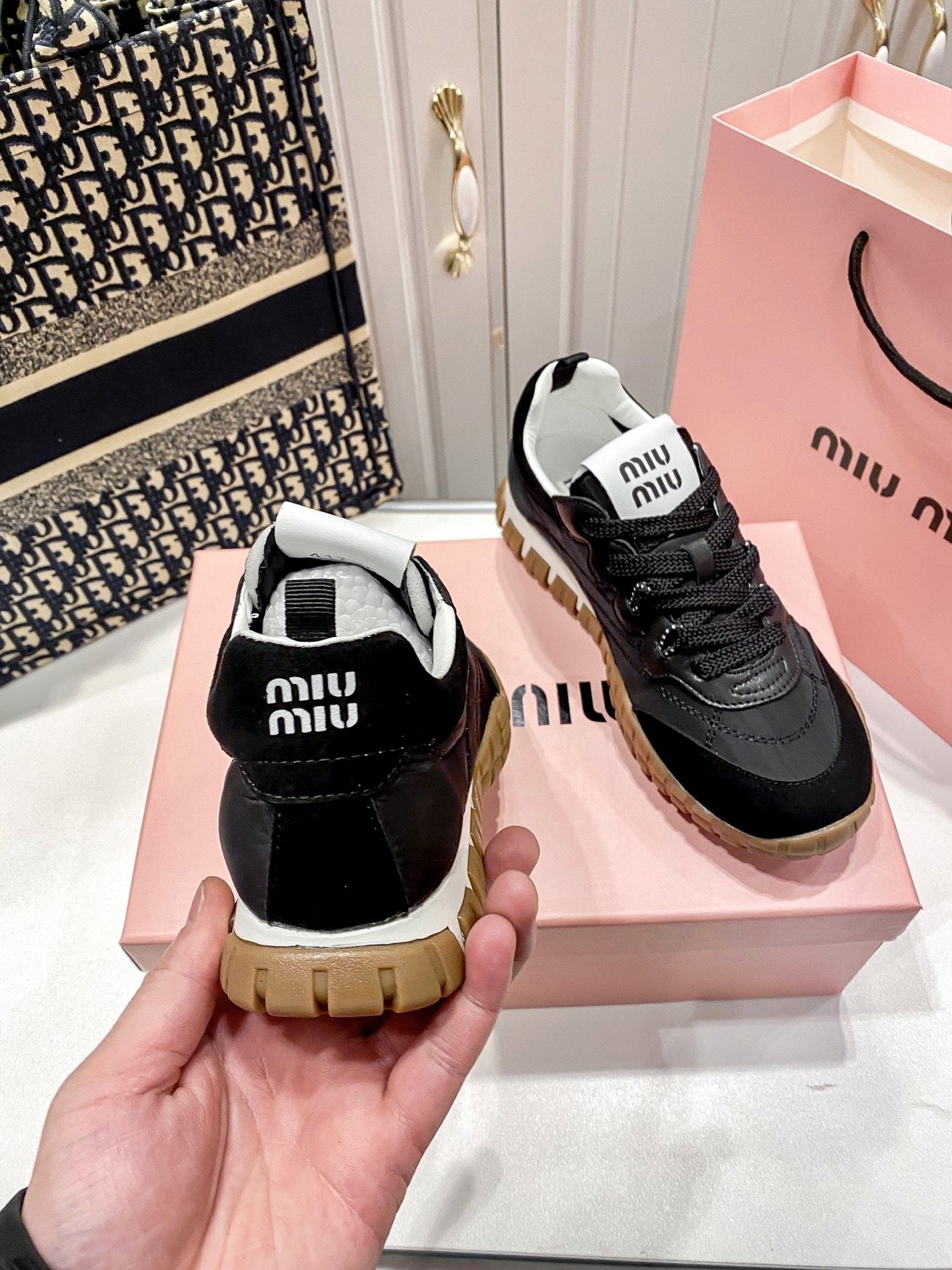 Miu Miu Black Canvas & Leather Vintage-Finish Sneakers