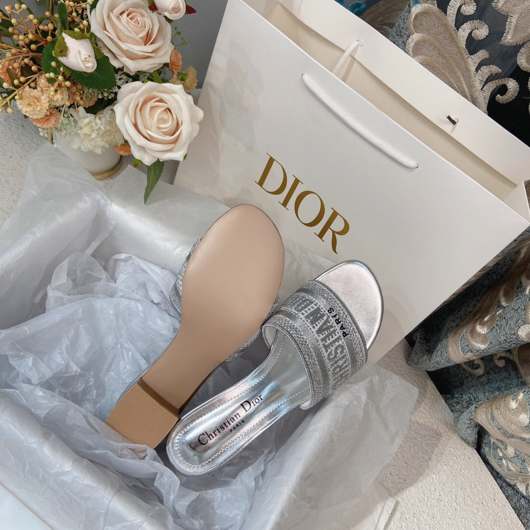 Dior Cotton & Lambskin Leather Crystal Slides