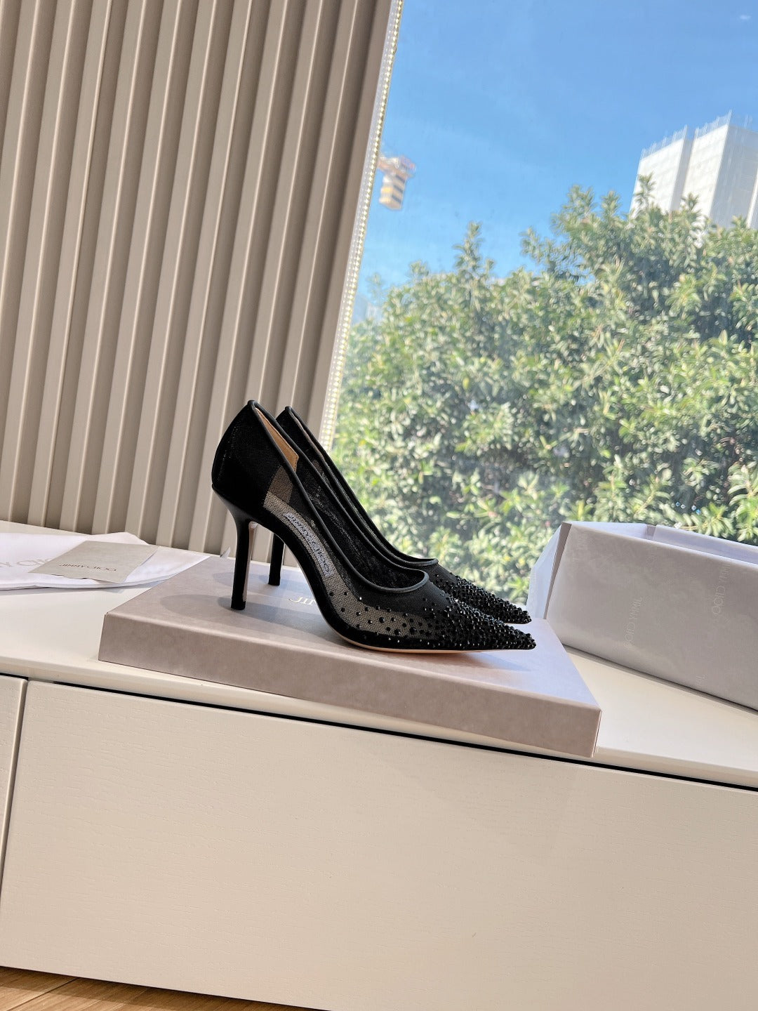 Jimmy Choo Lambskin Leather Crystal Heels