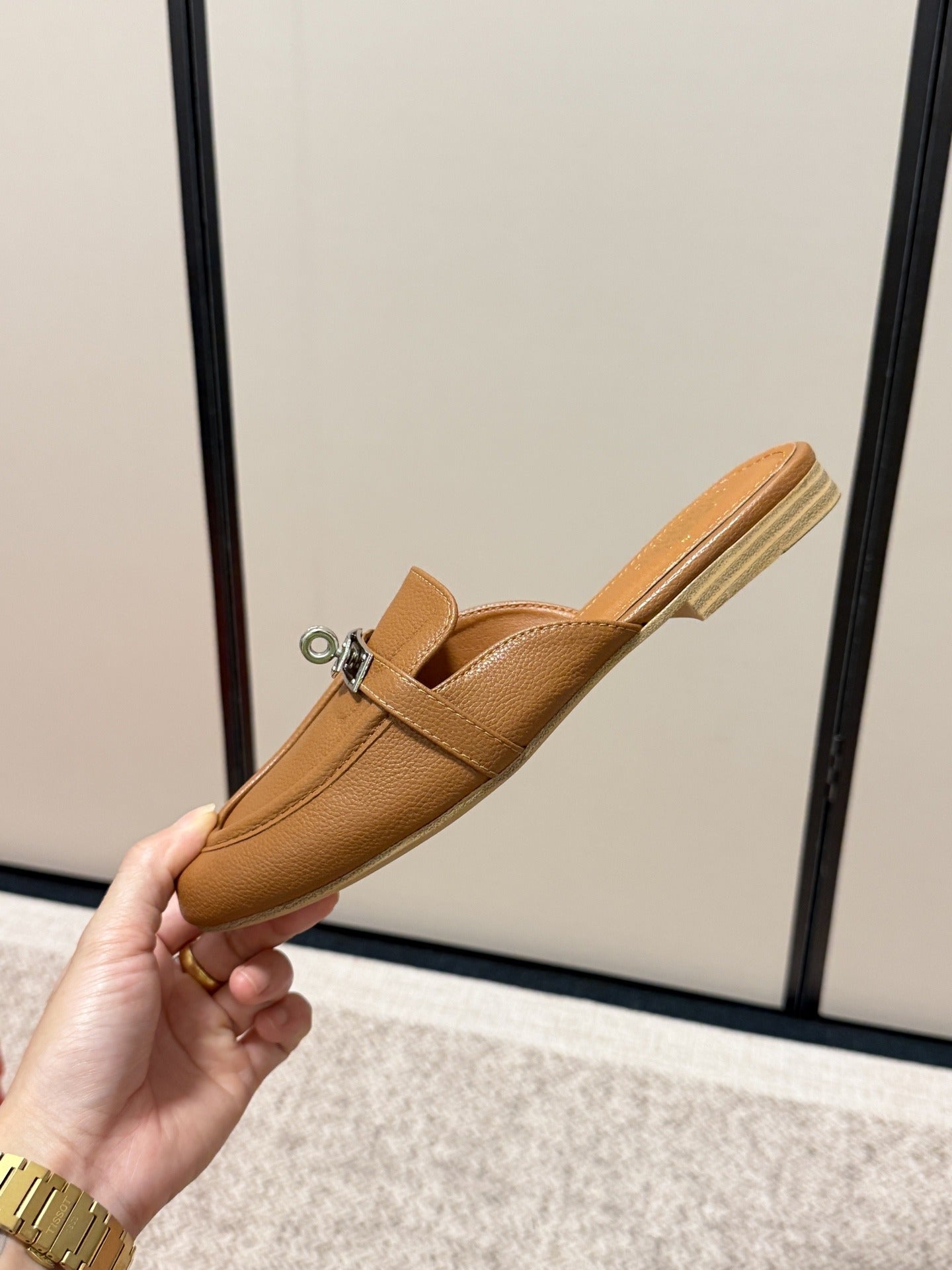 Hermes Calfskin Leather Logo Slides