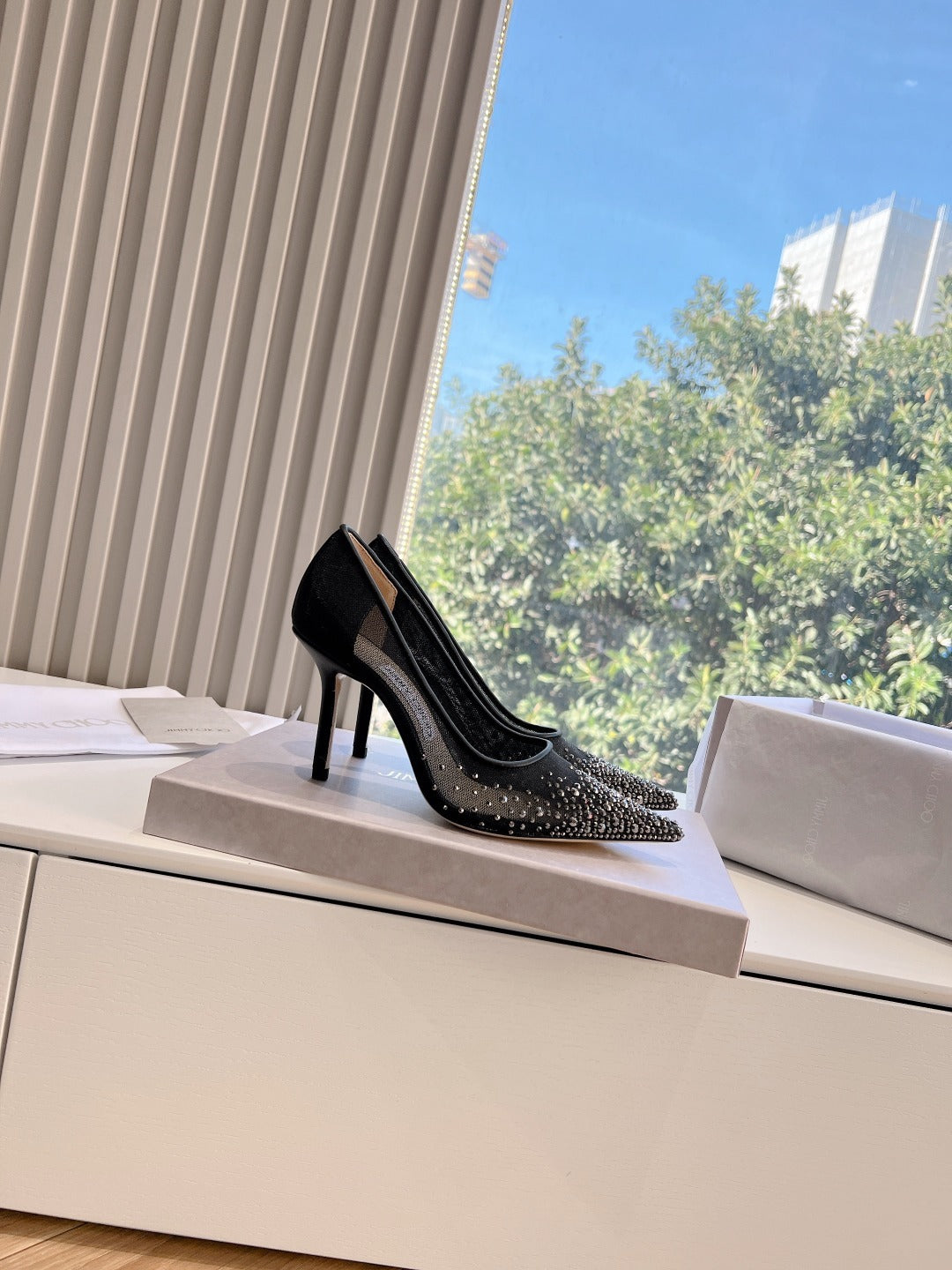 Jimmy Choo Lambskin Leather Crystal Heels