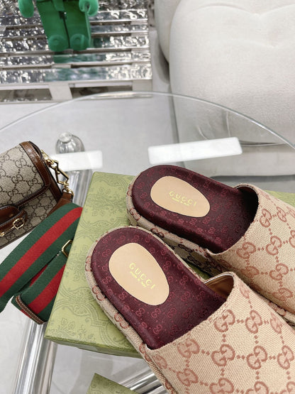 Gucci Green Canvas & Leather Double G Slides