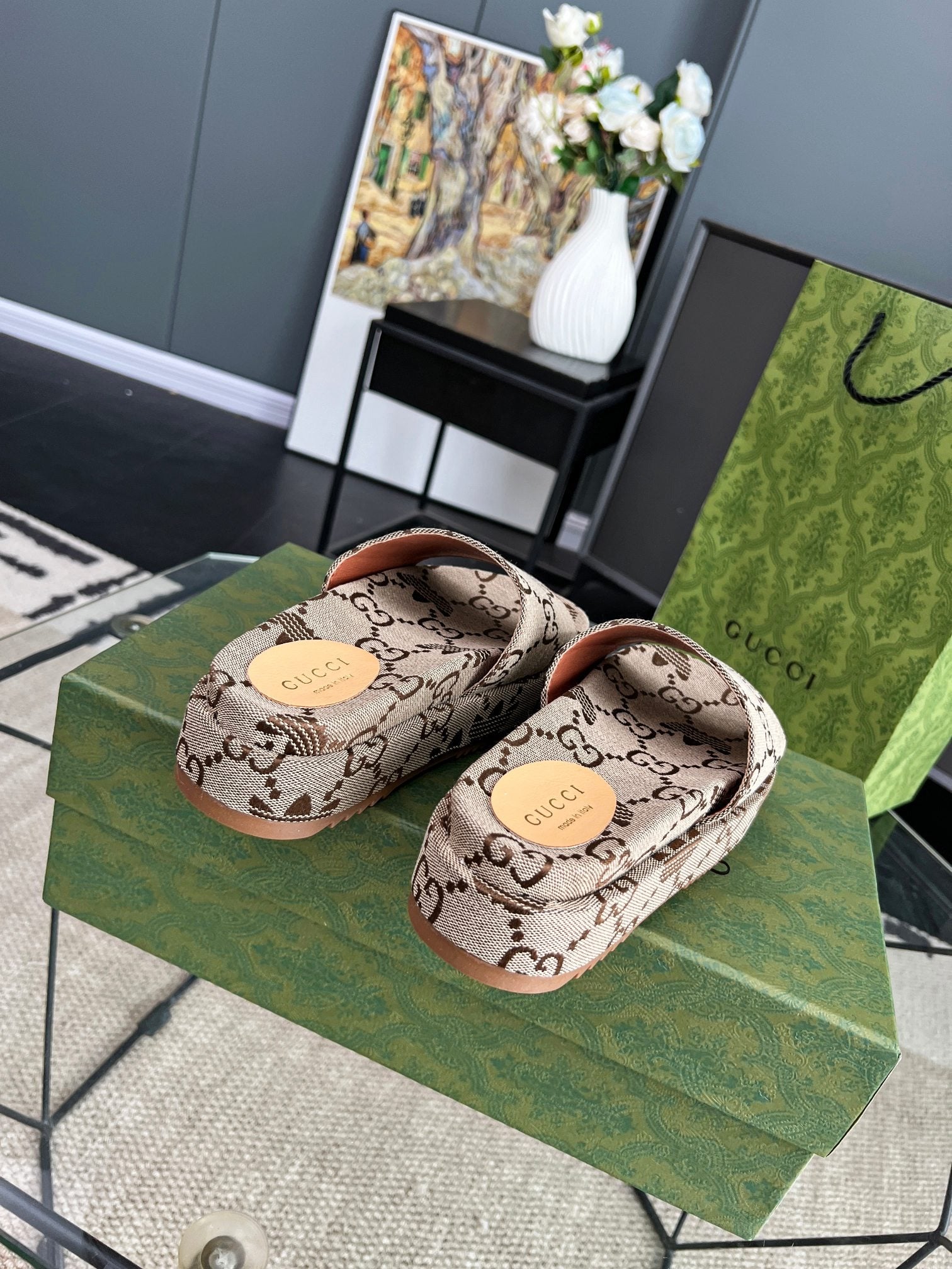 Gucci Green Canvas & Leather Double G Slides