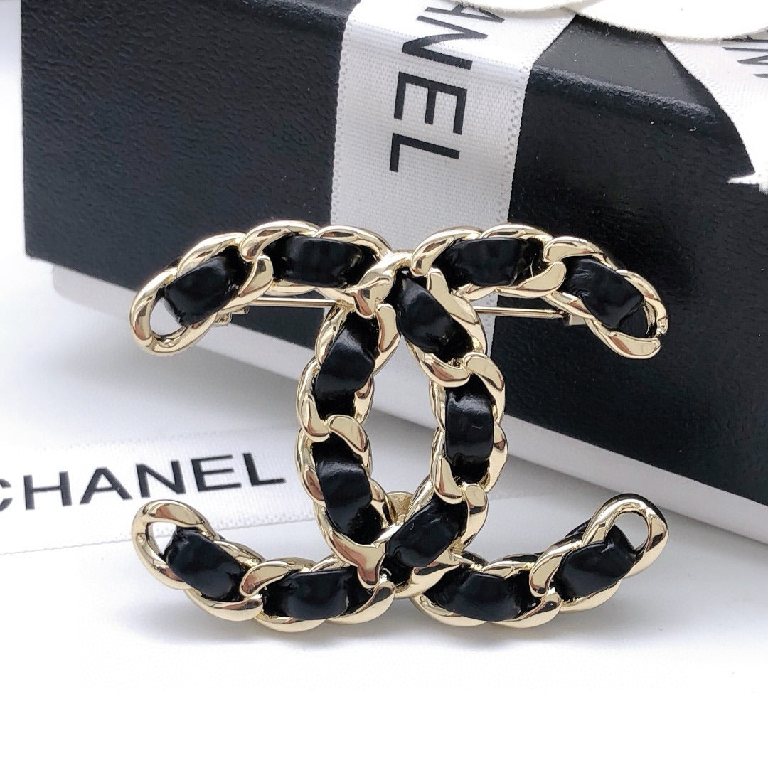 Chanel Black Lambskin Leather & Brass Brooch