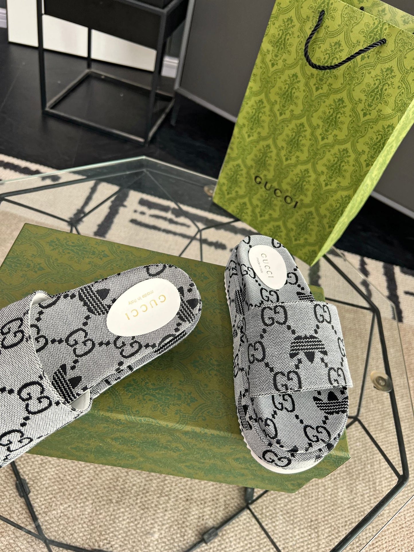 Gucci Green Canvas & Leather Double G Slides
