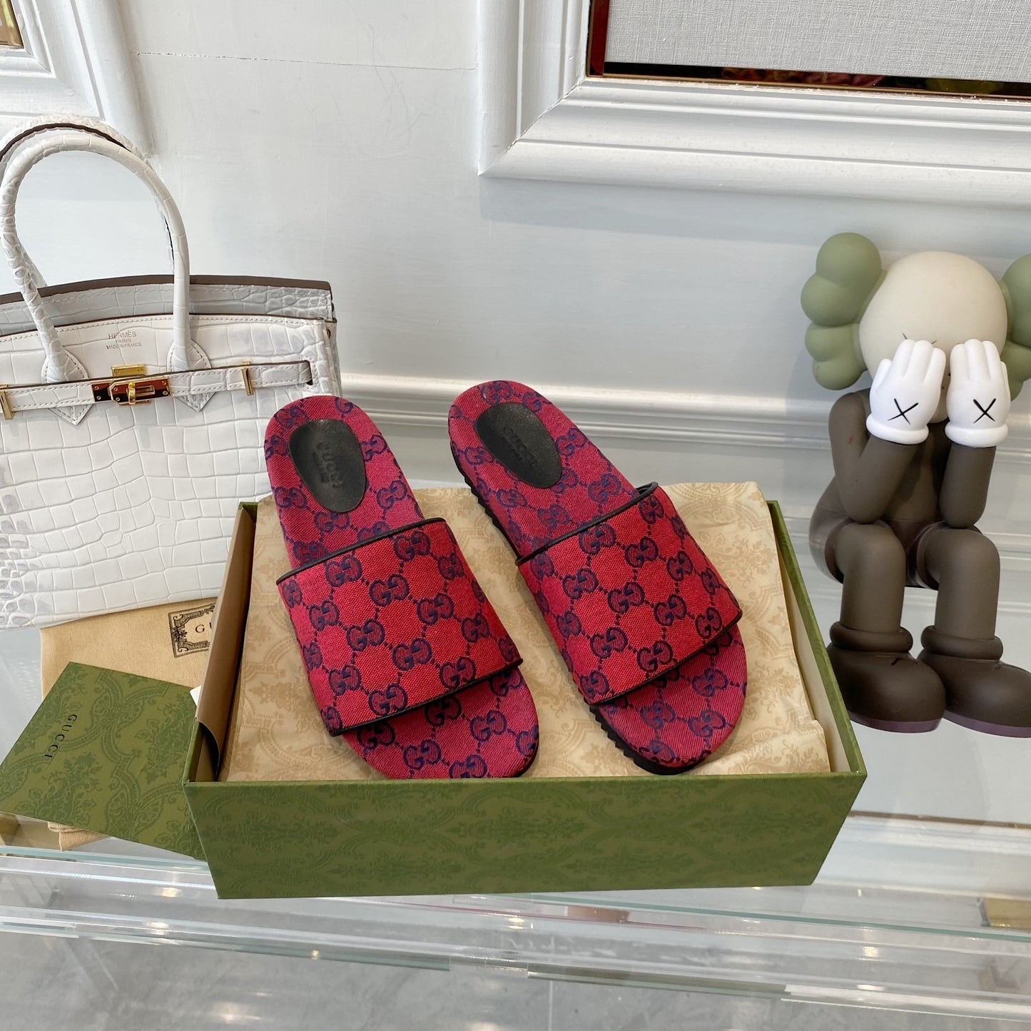 Gucci Green Canvas & Leather Double G Slides