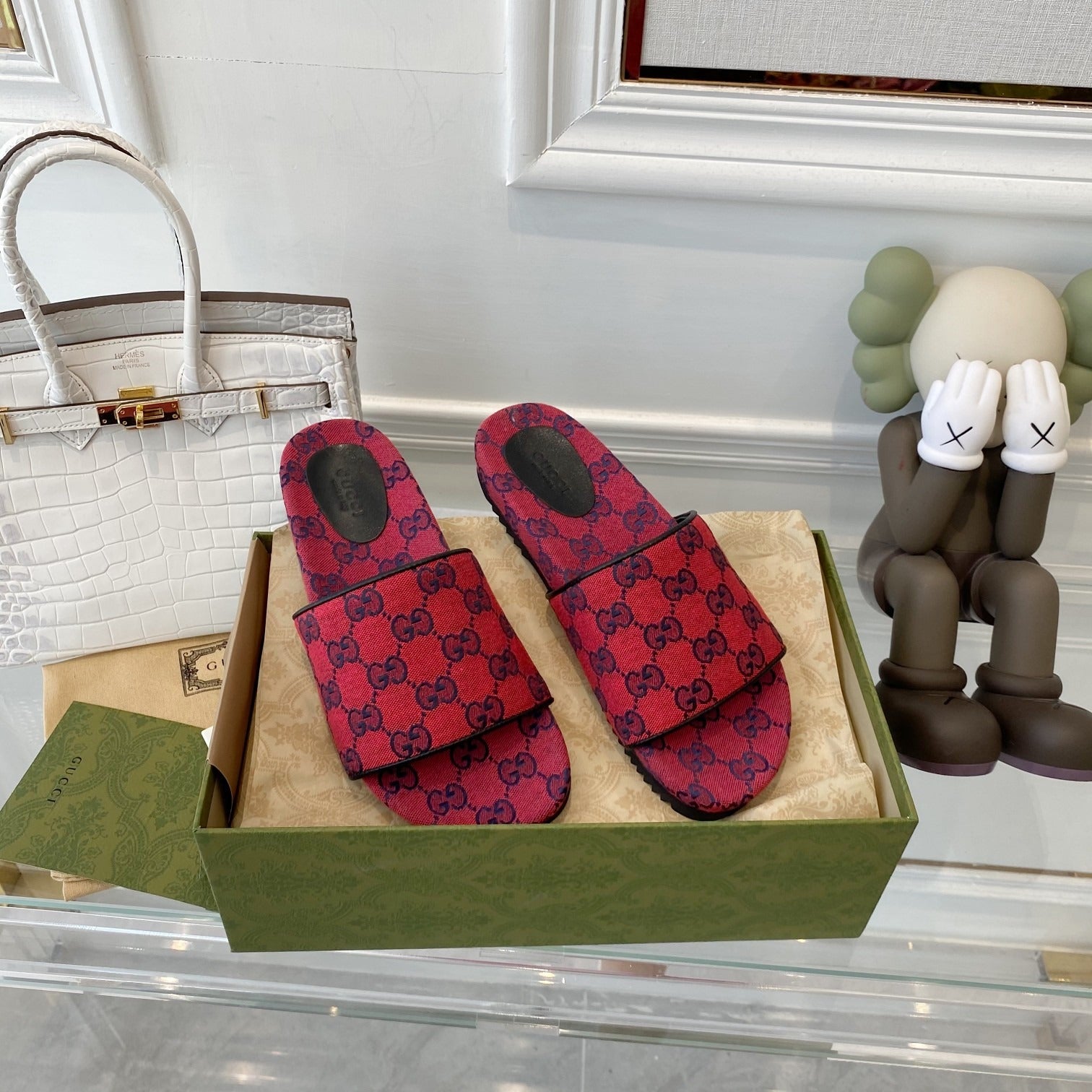 Gucci Green Canvas & Leather Double G Slides