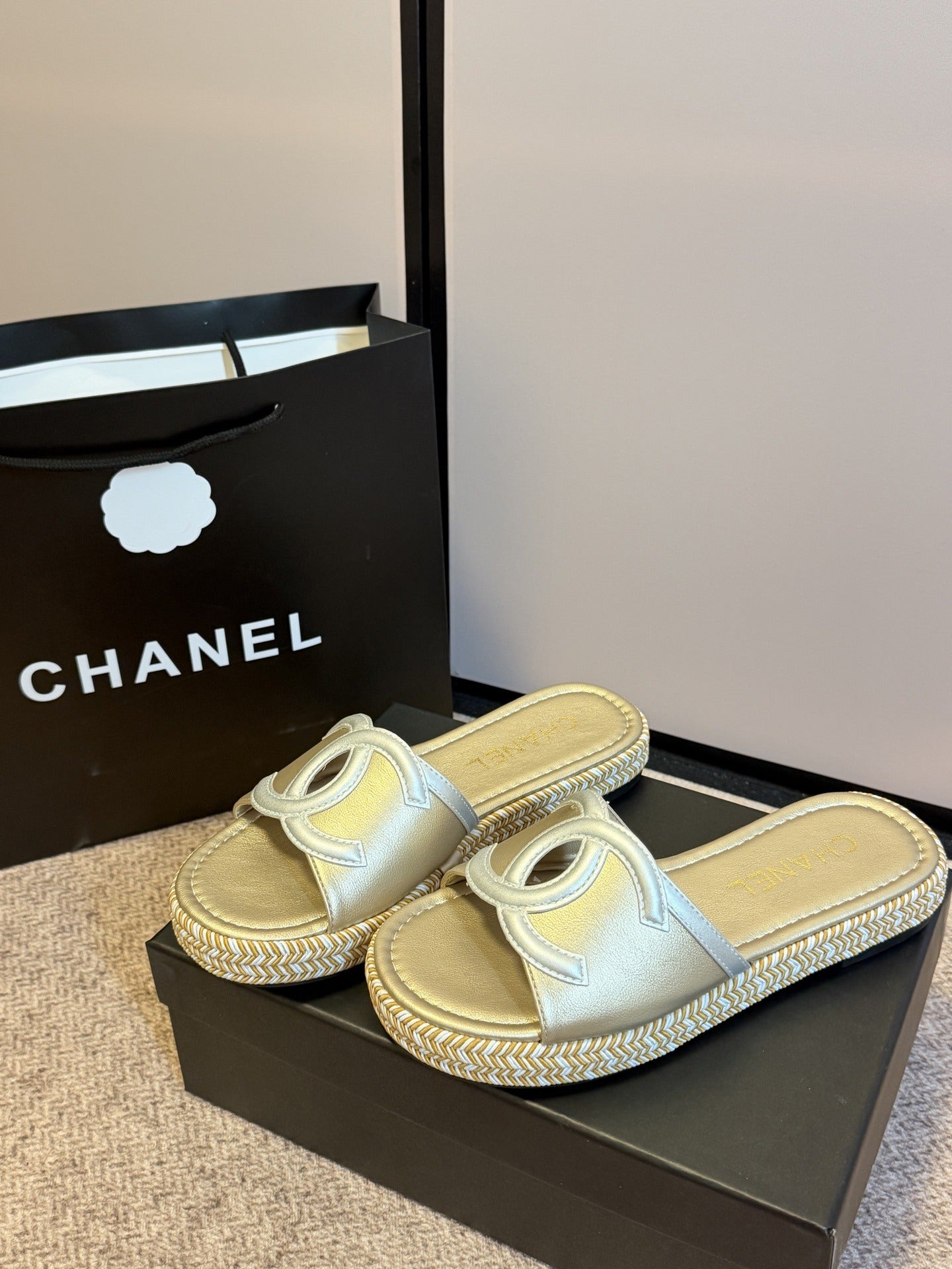 Chanel Lambskin Leather Logo Slides