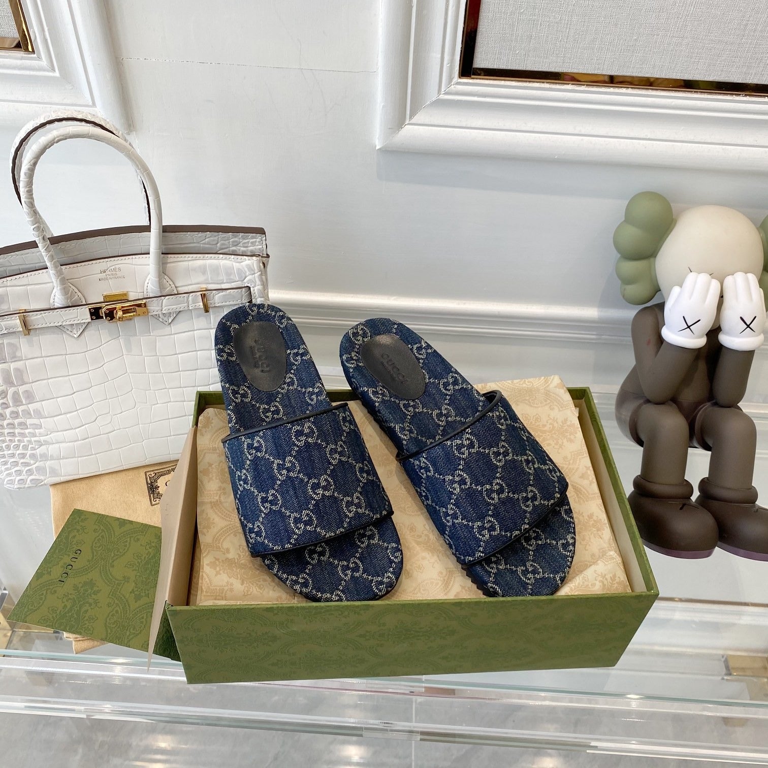Gucci Green Canvas & Leather Double G Slides