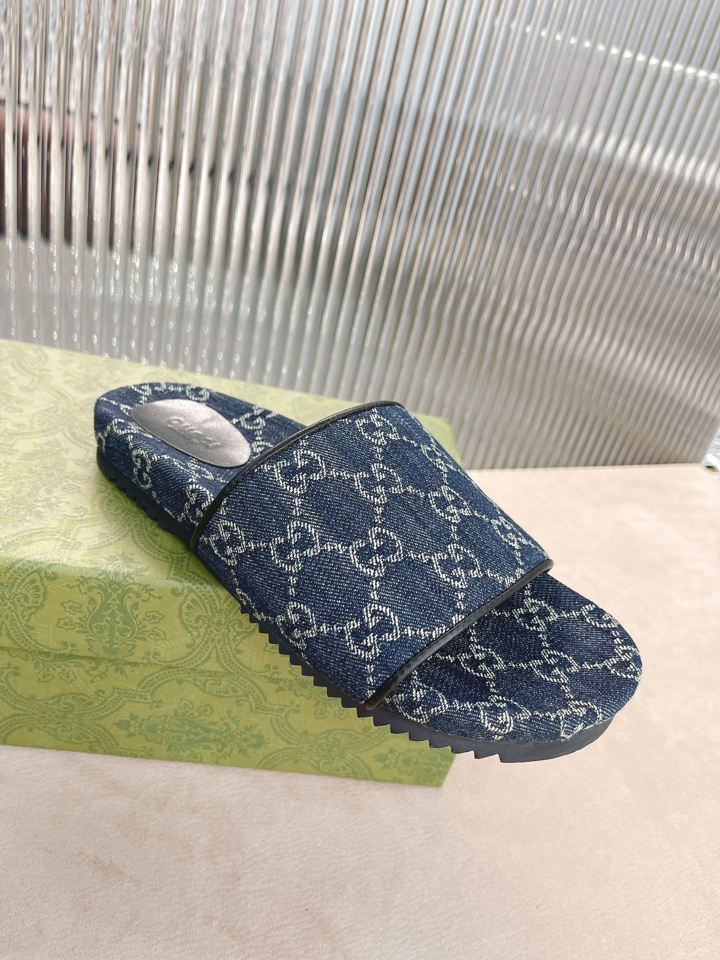 Gucci Green Canvas & Leather Double G Slides