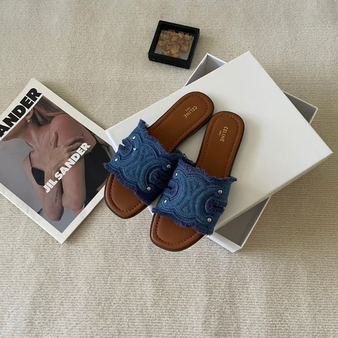 Celine Denim & Leather Tassel Slides
