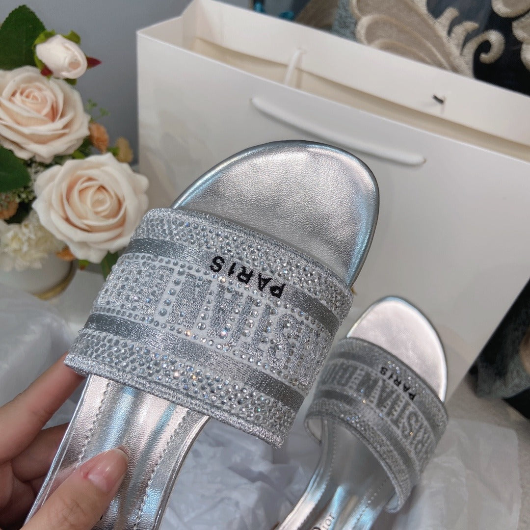 Dior Cotton & Lambskin Leather Crystal Slides
