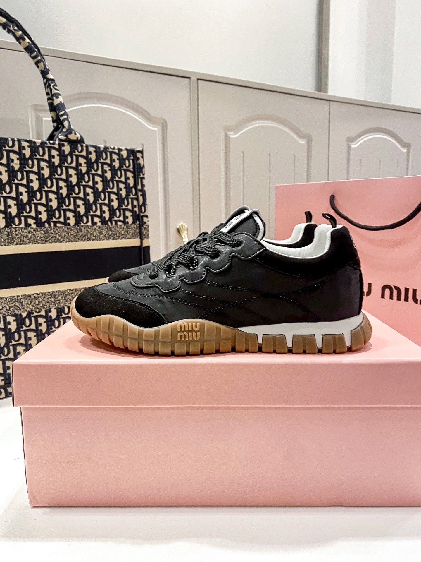 Miu Miu Black Canvas & Leather Vintage-Finish Sneakers