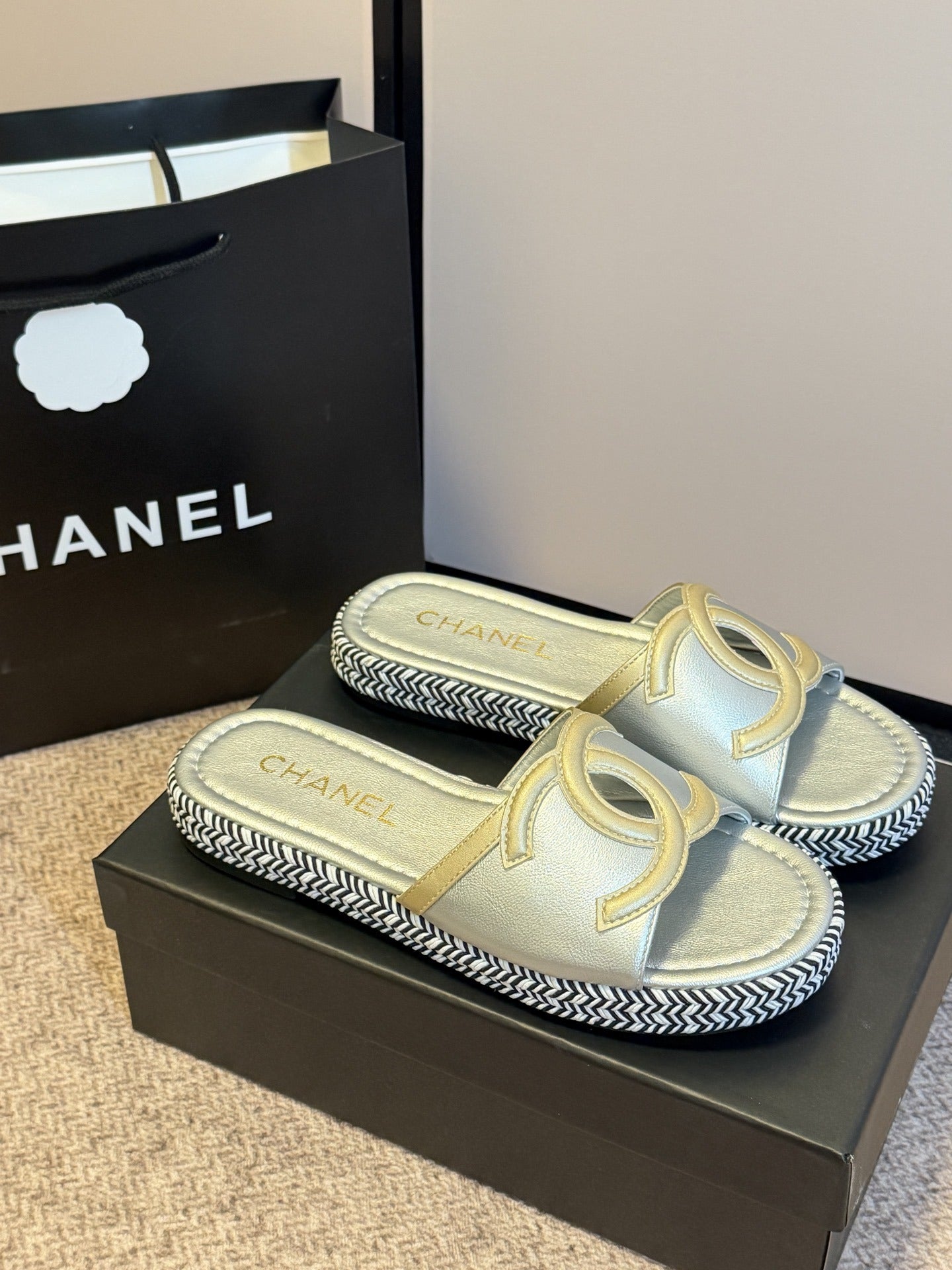 Chanel Lambskin Leather Logo Slides