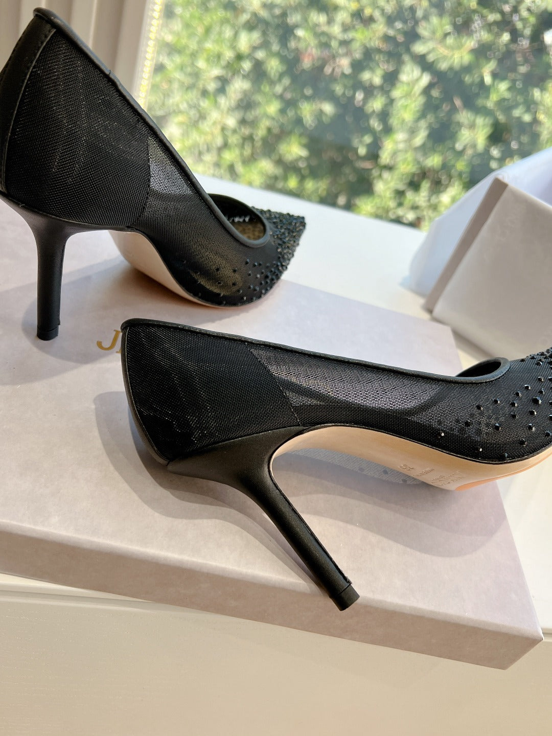 Jimmy Choo Lambskin Leather Crystal Heels