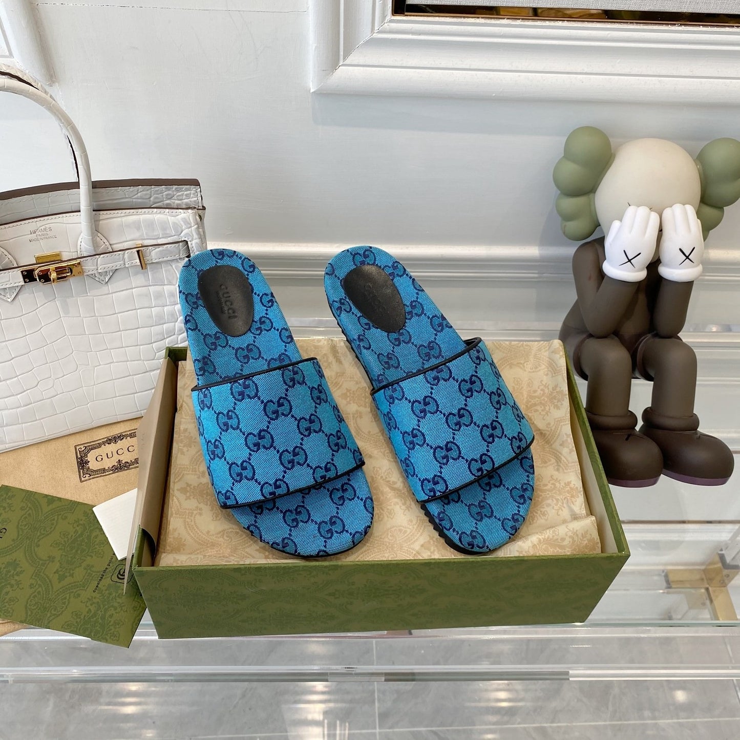 Gucci Green Canvas & Leather Double G Slides