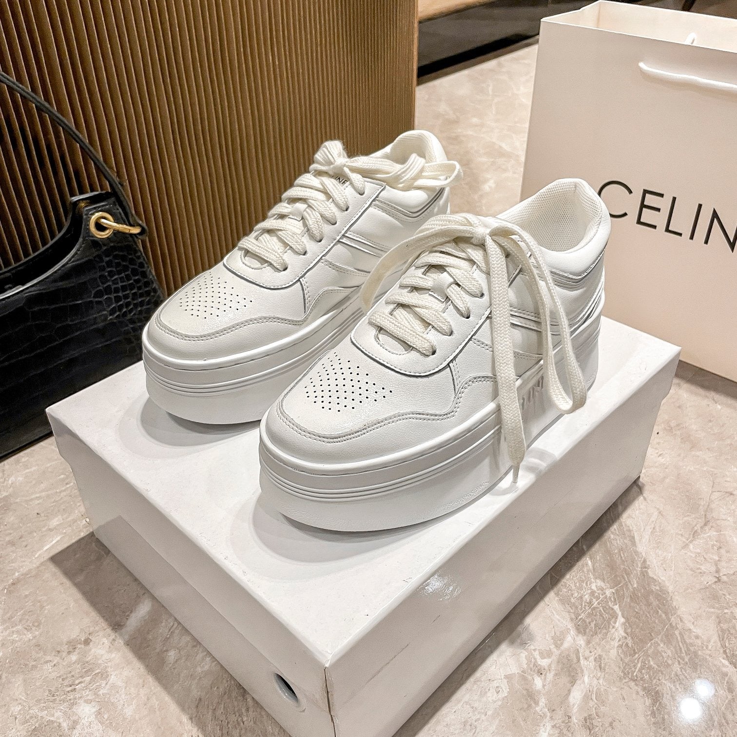 Celine Leather Vintage-Finish Sneakers