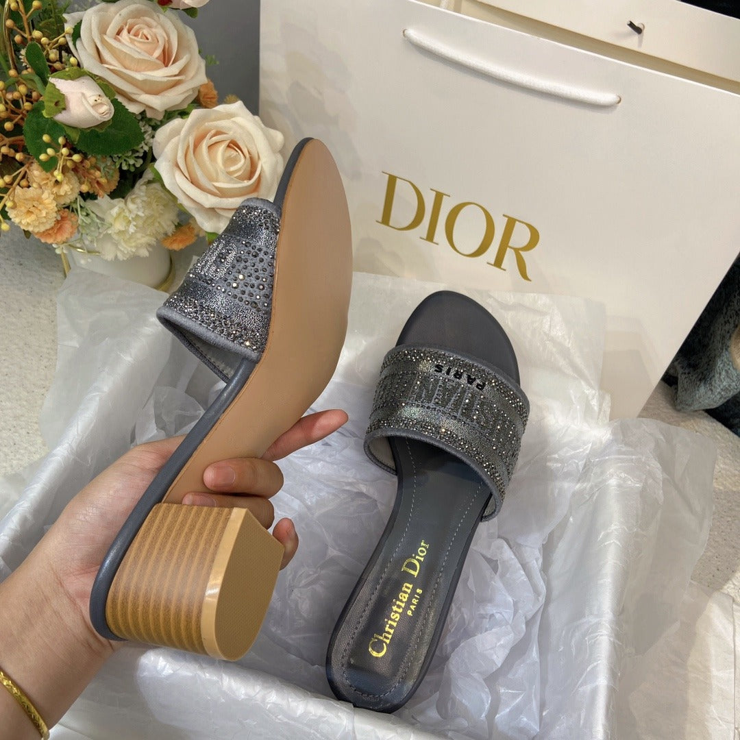Dior Cotton & Lambskin Leather Crystal Slides