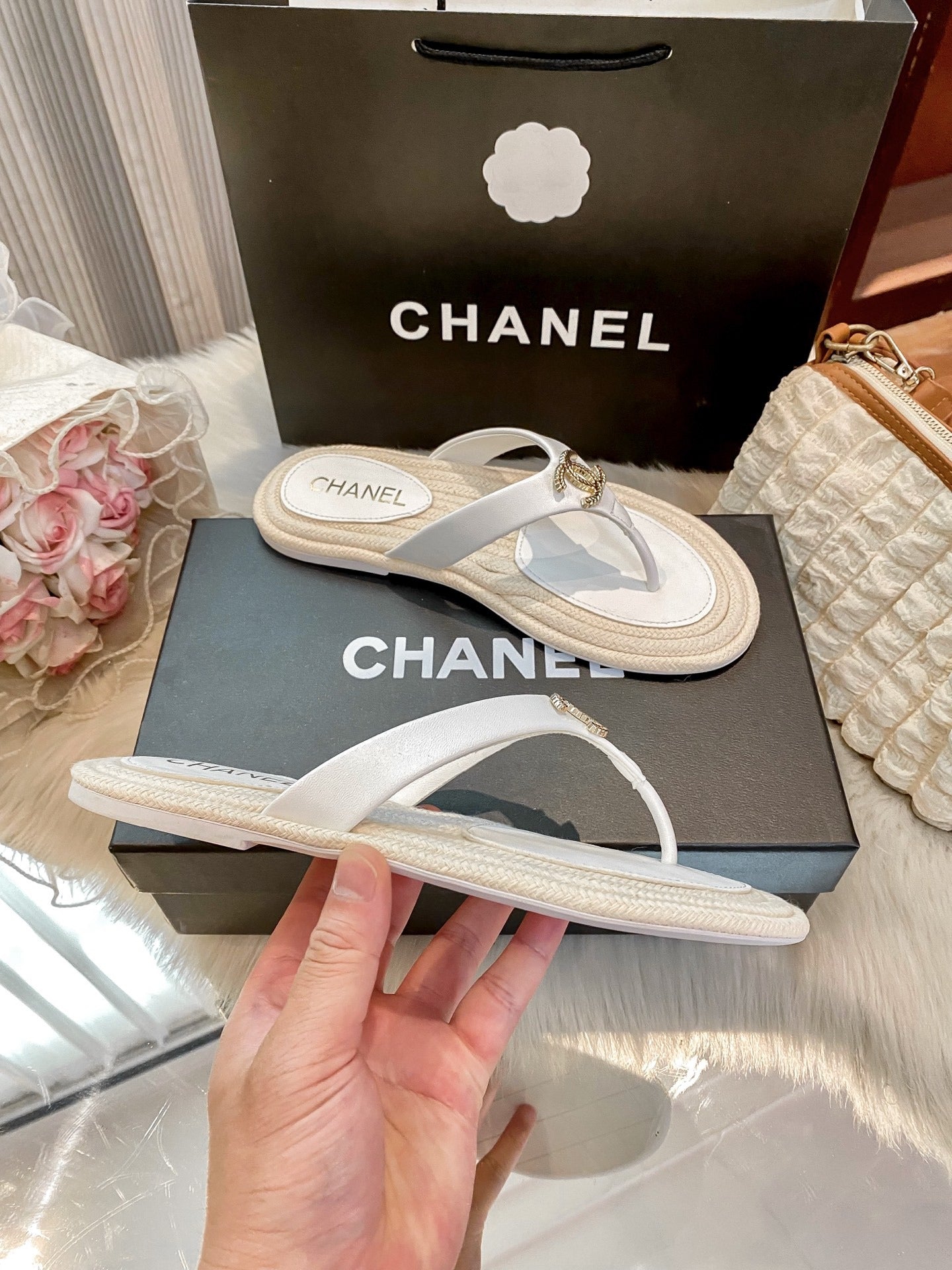 Chanel White Slides