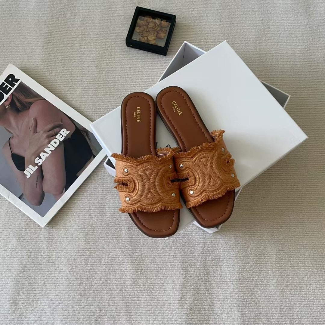 Celine Denim & Leather Tassel Slides