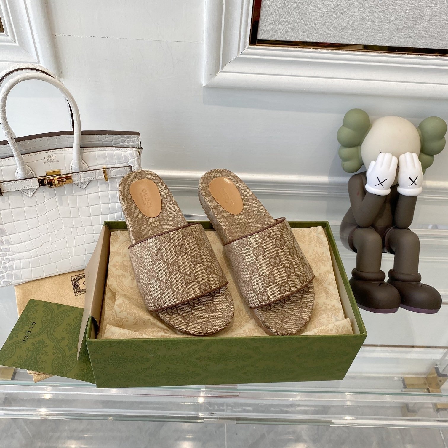Gucci Green Canvas & Leather Double G Slides