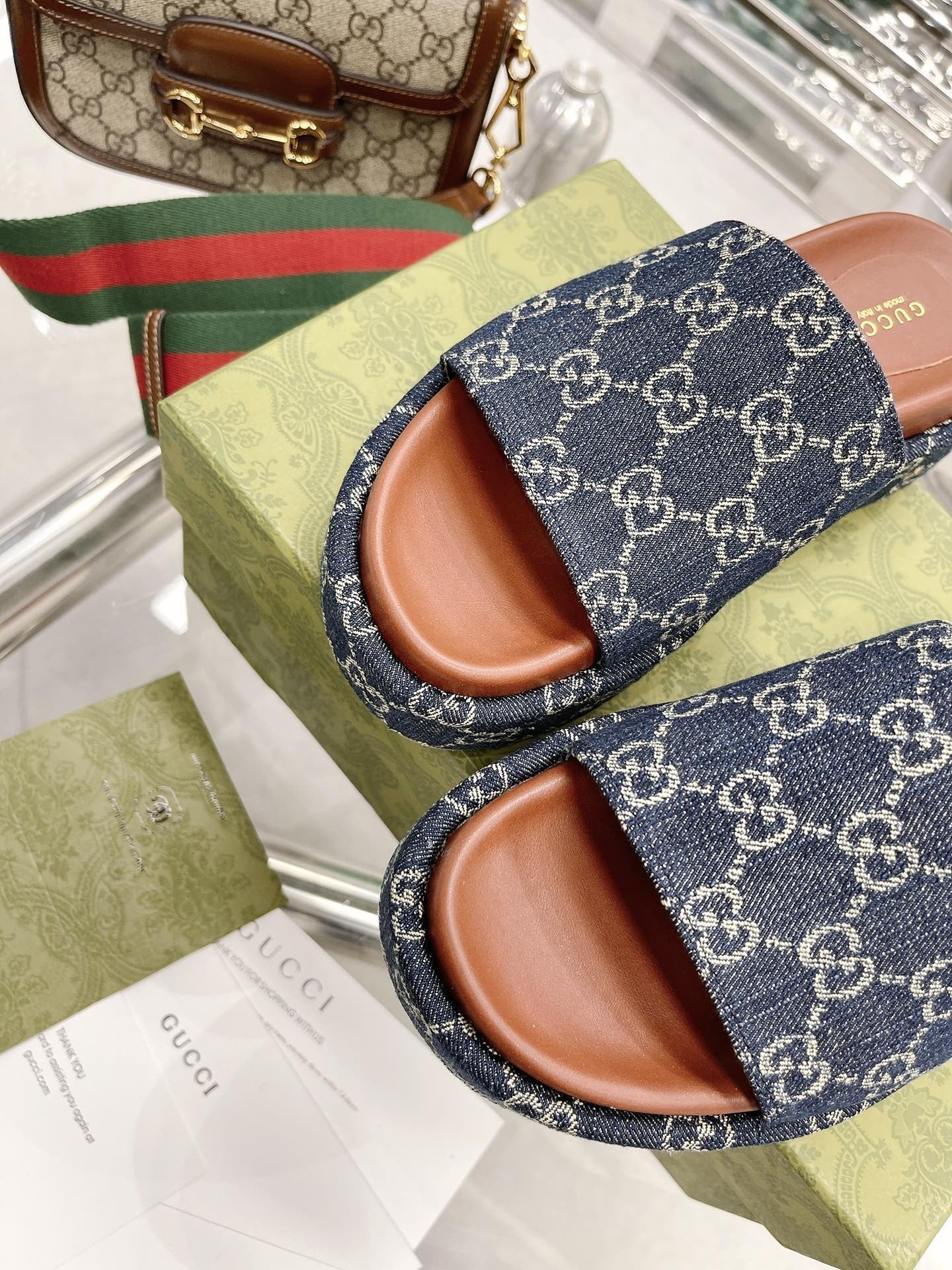 Gucci Green Canvas & Leather Double G Slides