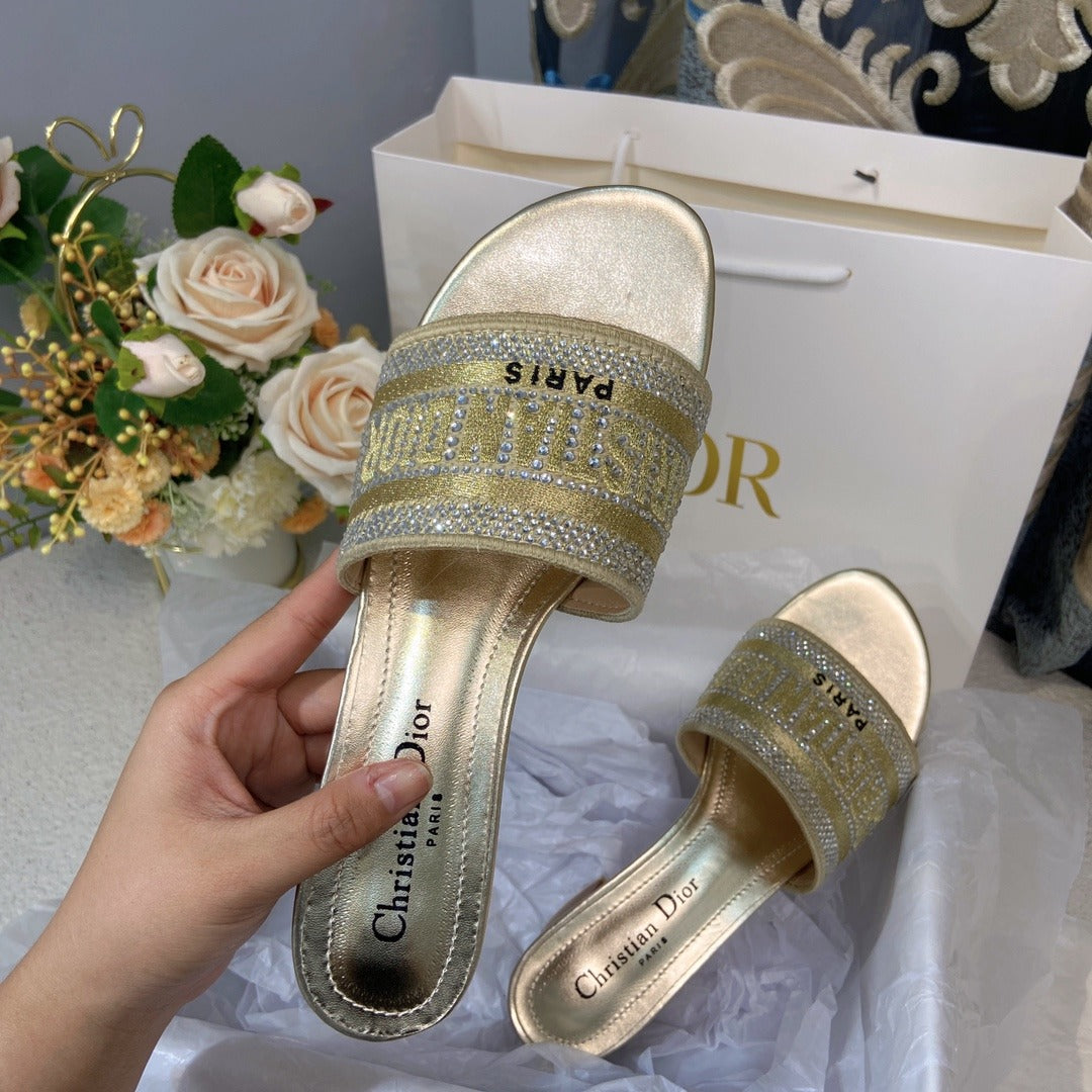 Dior Cotton & Lambskin Leather Crystal Slides