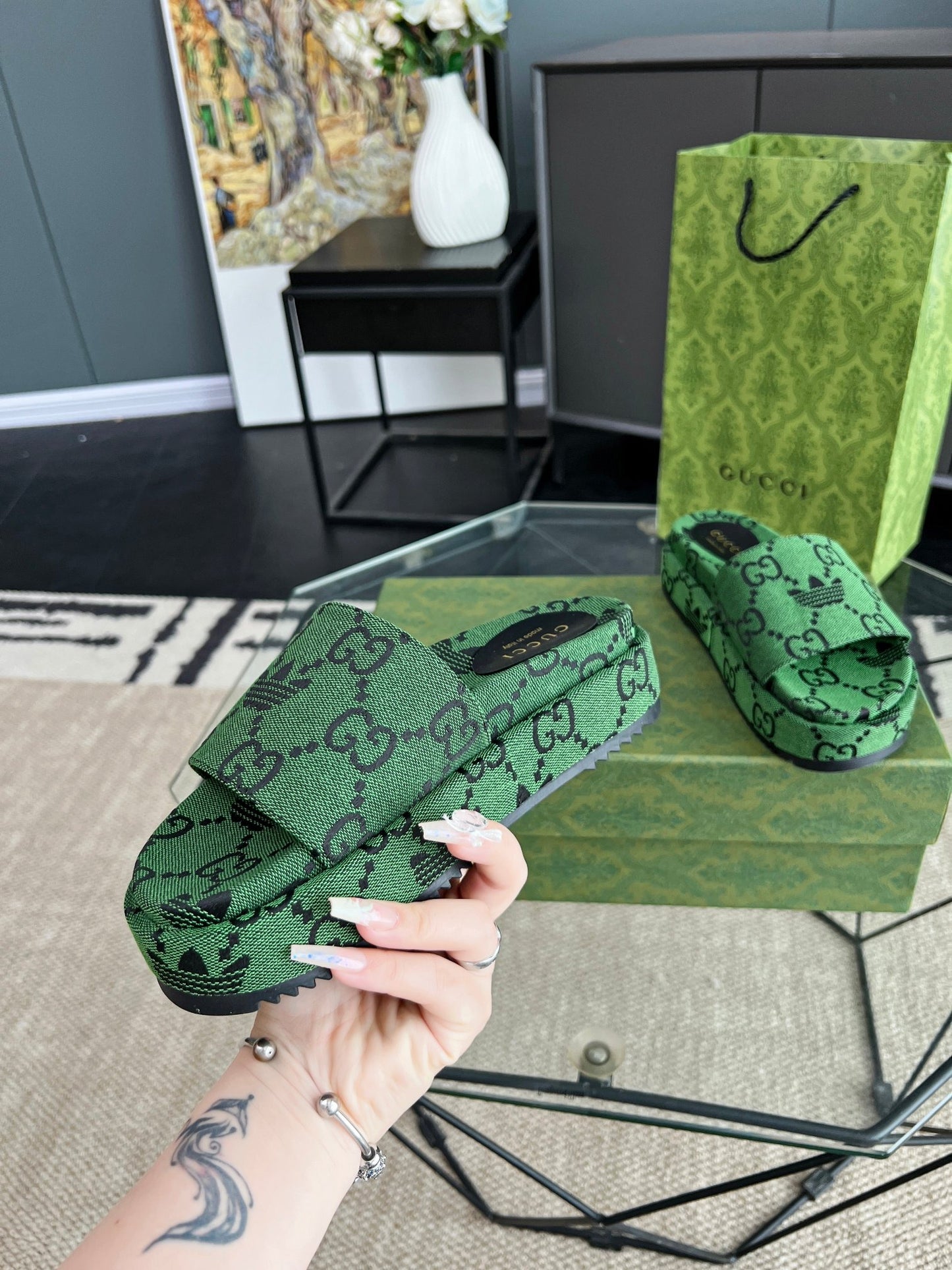Gucci Green Canvas & Leather Double G Slides