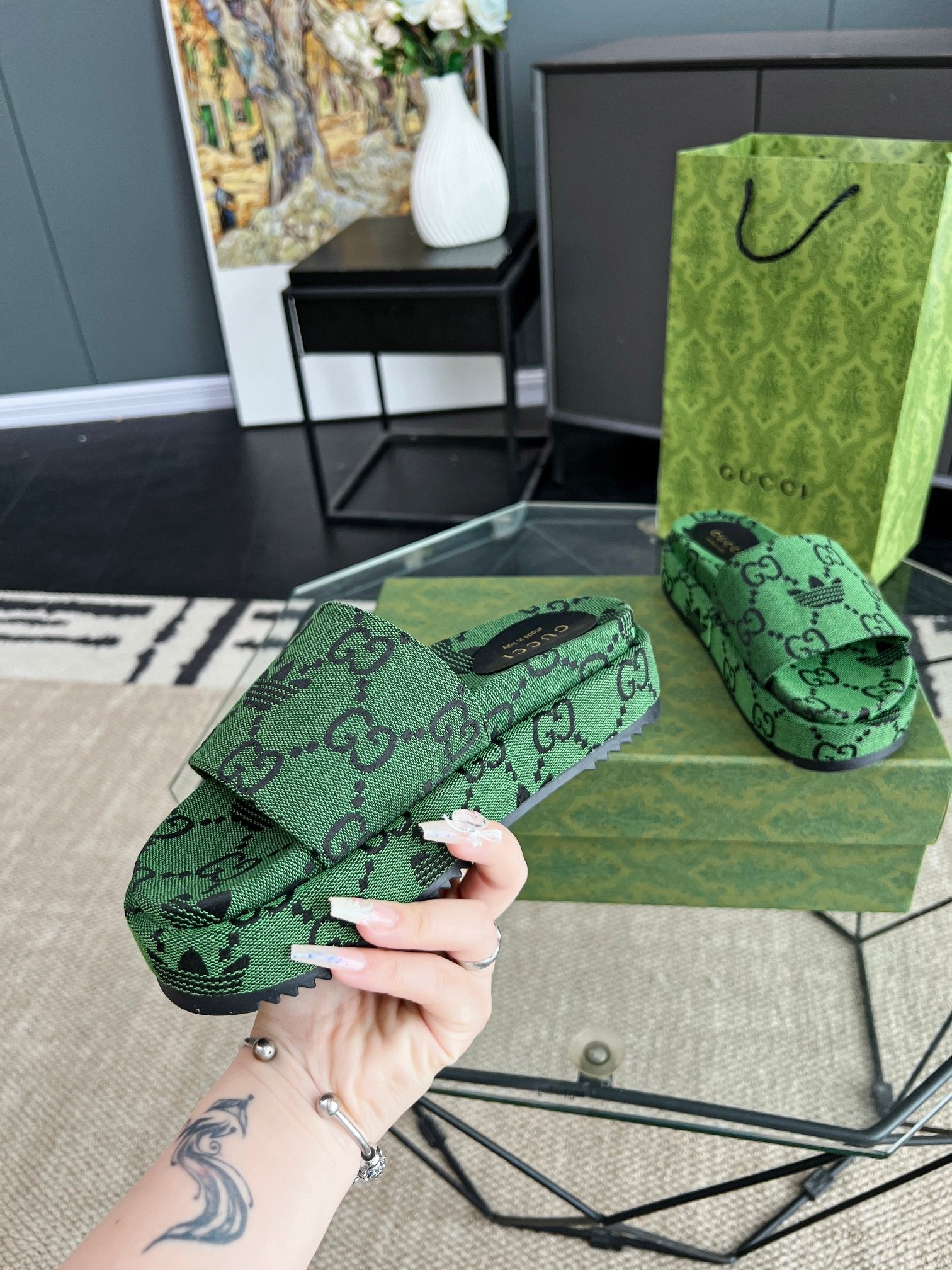 Gucci Green Canvas & Leather Double G Slides