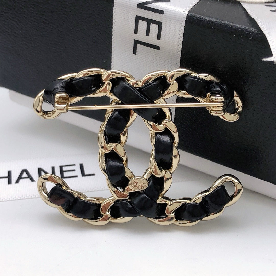 Chanel Black Lambskin Leather & Brass Brooch