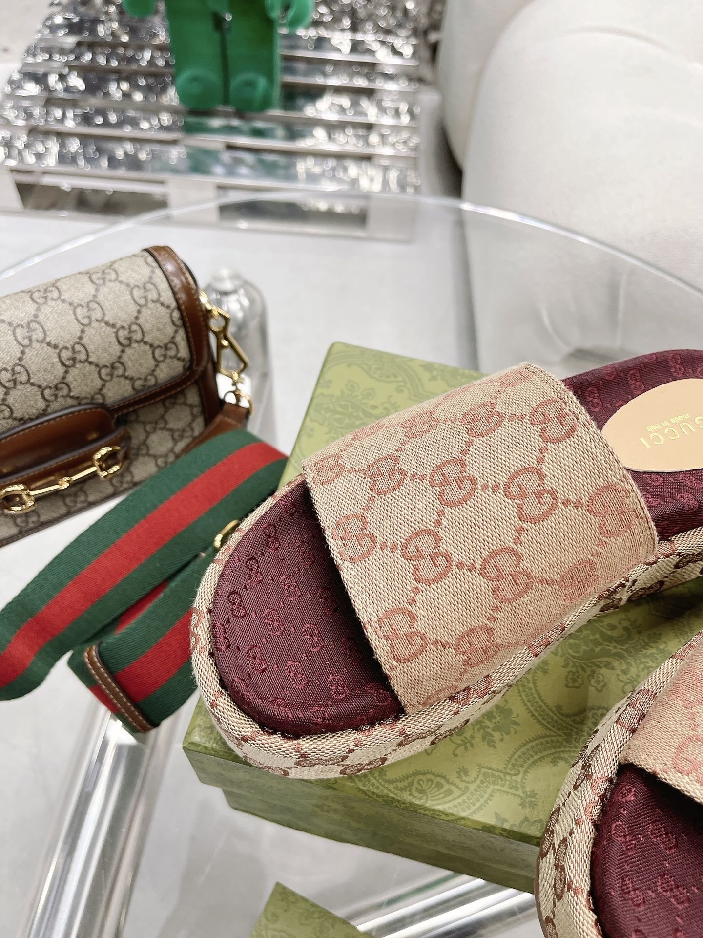 Gucci Green Canvas & Leather Double G Slides