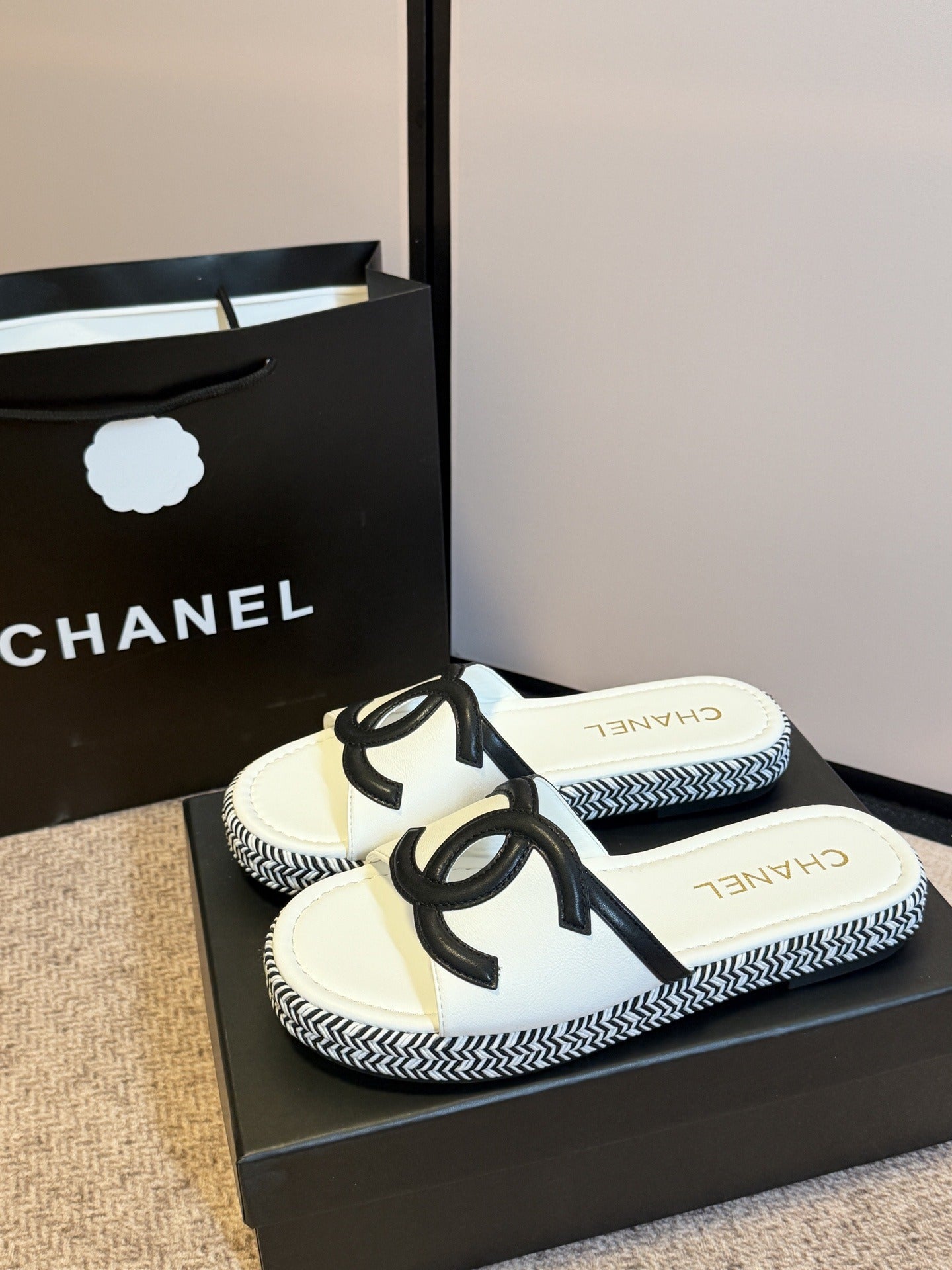 Chanel Lambskin Leather Logo Slides