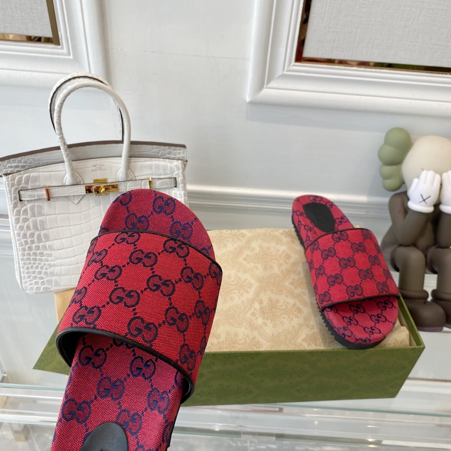 Gucci Green Canvas & Leather Double G Slides