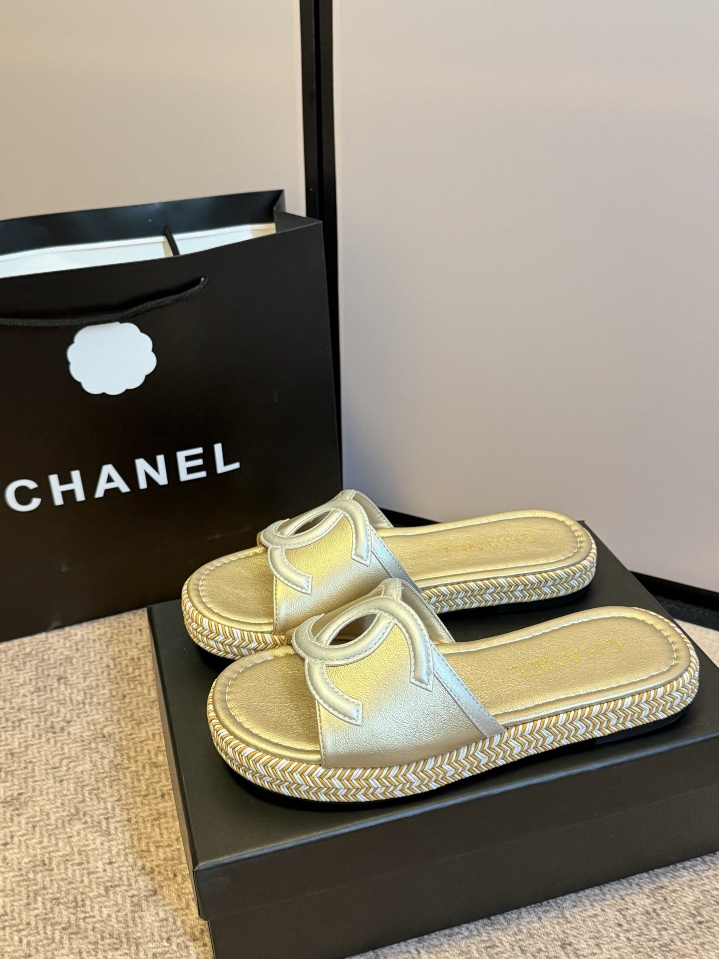 Chanel Lambskin Leather Logo Slides