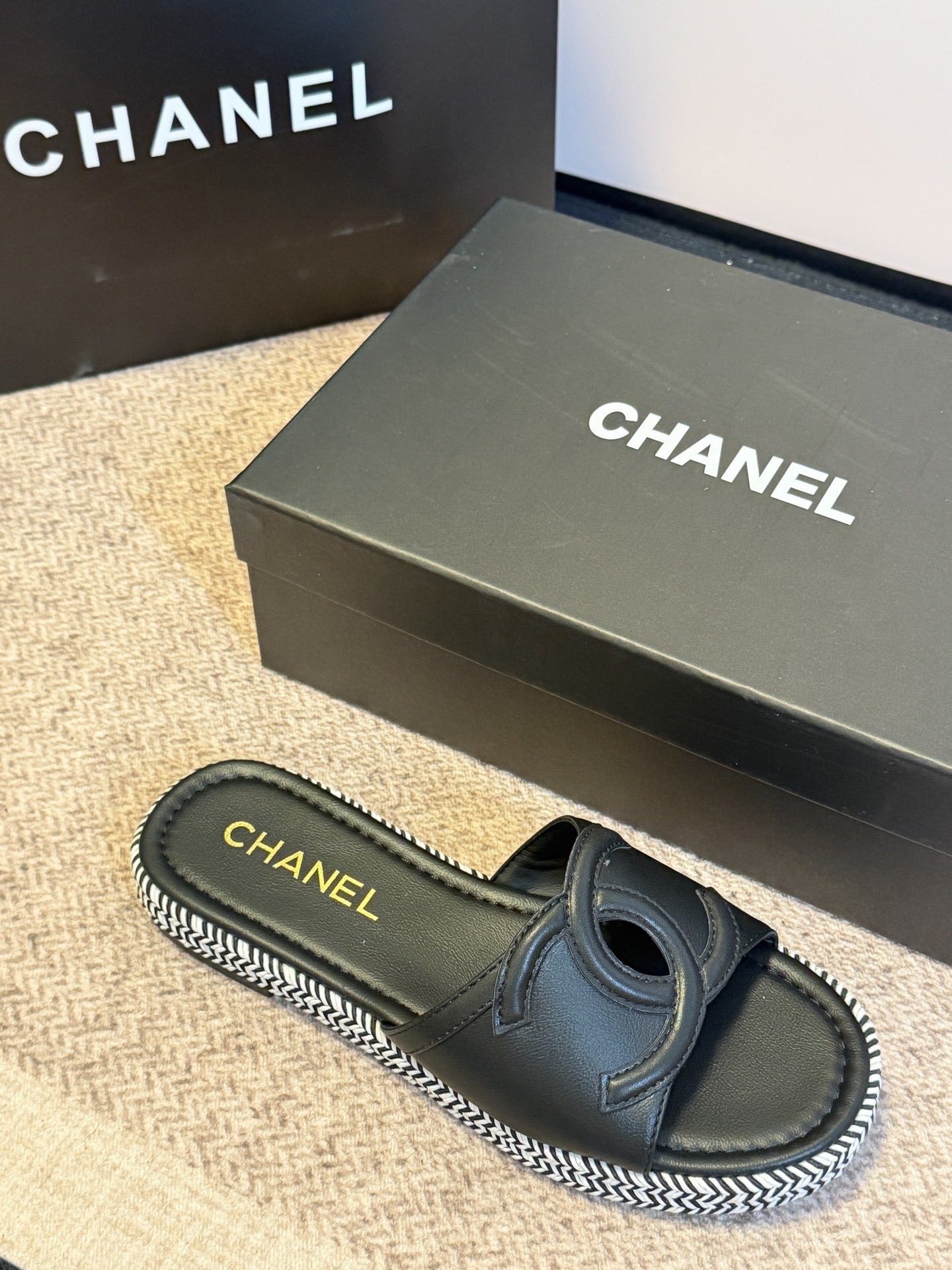 Chanel Lambskin Leather Logo Slides