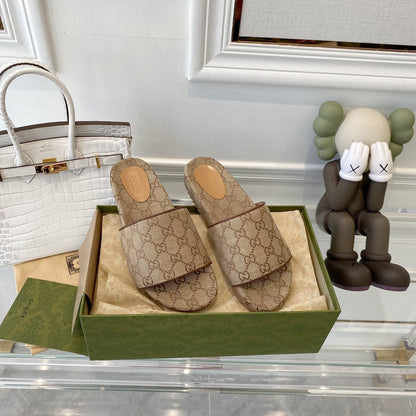 Gucci Green Canvas & Leather Double G Slides