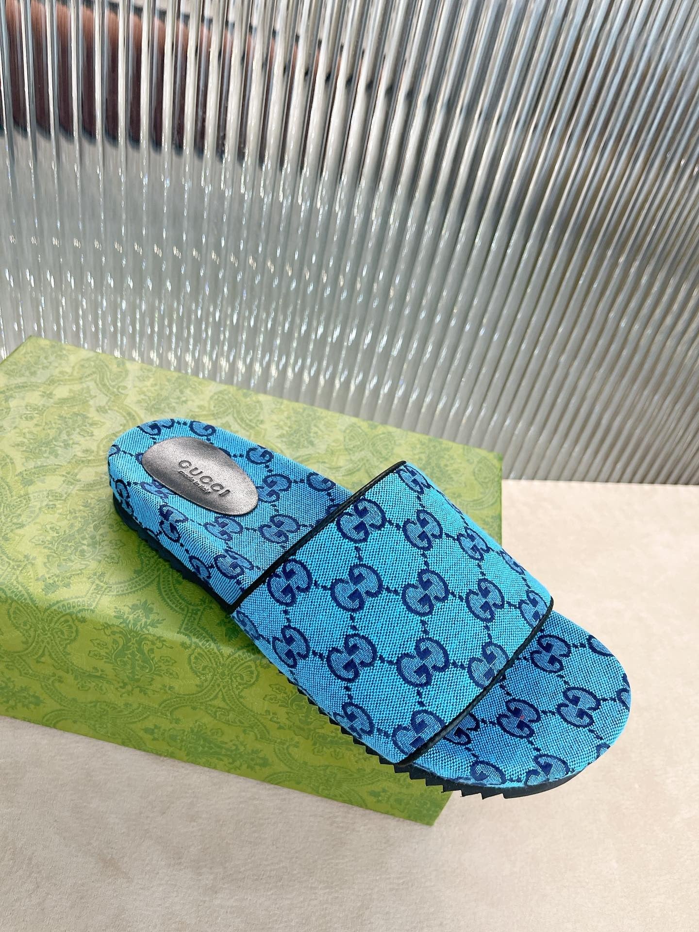 Gucci Green Canvas & Leather Double G Slides