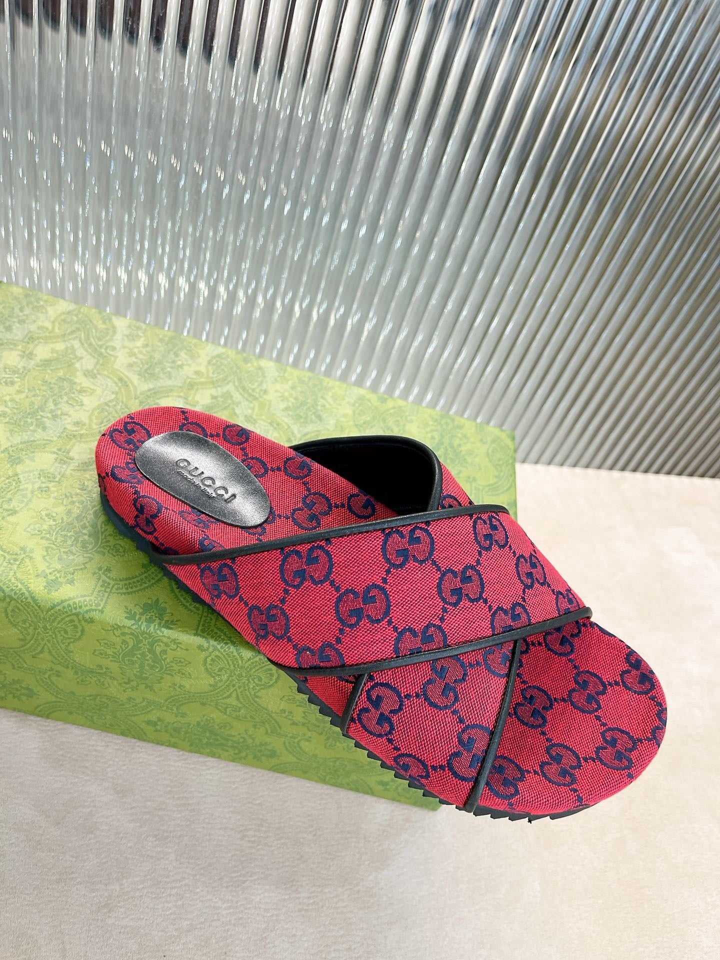 Gucci Green Canvas & Leather Double G Slides