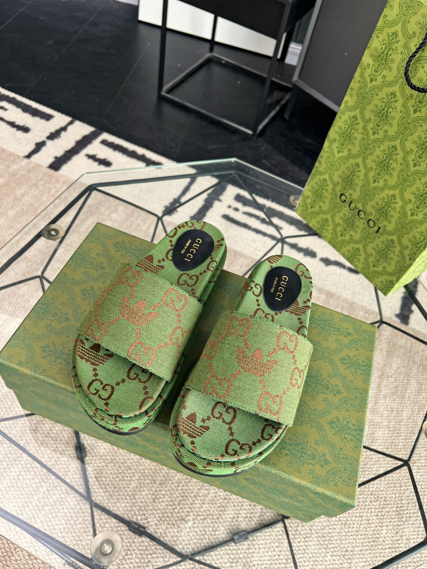 Gucci Green Canvas & Leather Double G Slides
