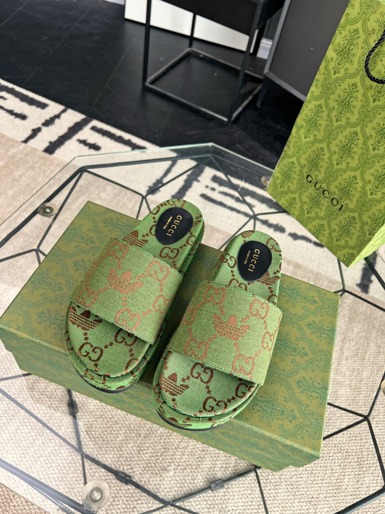 Gucci Green Canvas & Leather Double G Slides